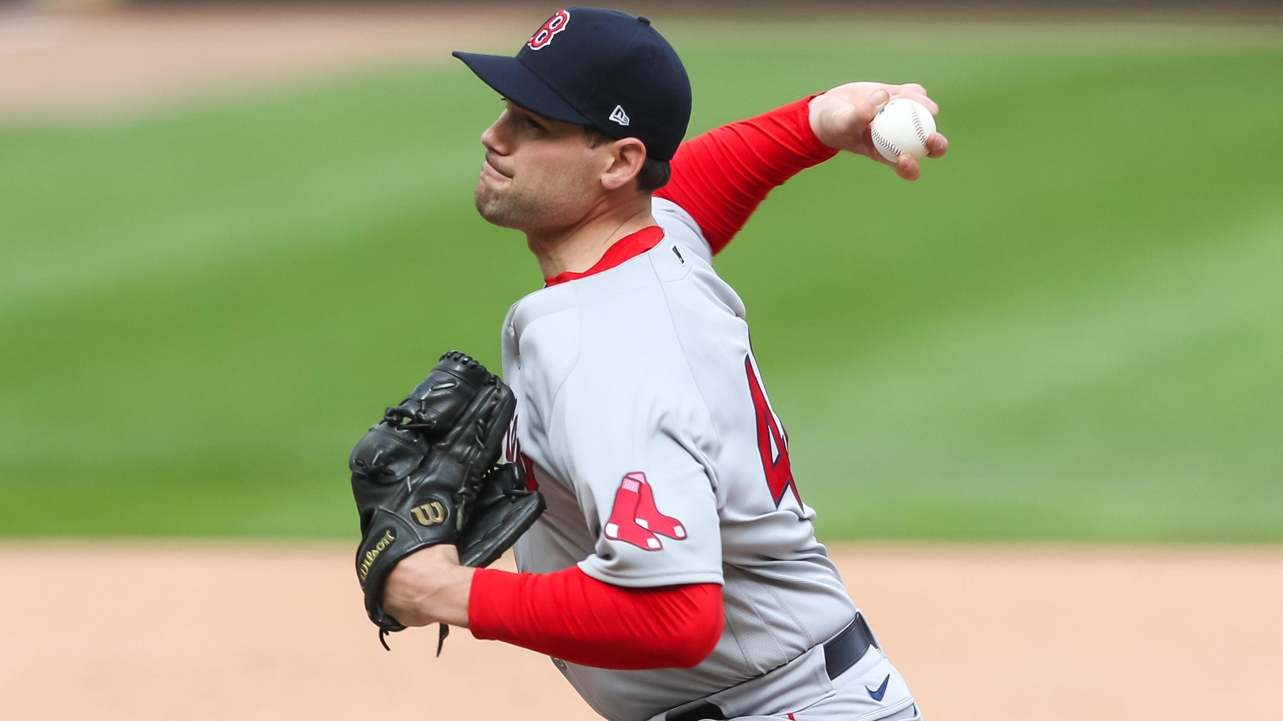 Apr 15, 2021; Minneapolis, Minnesota, USA; Boston Red Sox relief pitcher Adam Ottavino delivers a pitch against the Minnesota Twins in the ninth inning at Target Field. / David Berding-USA TODAY Sports
