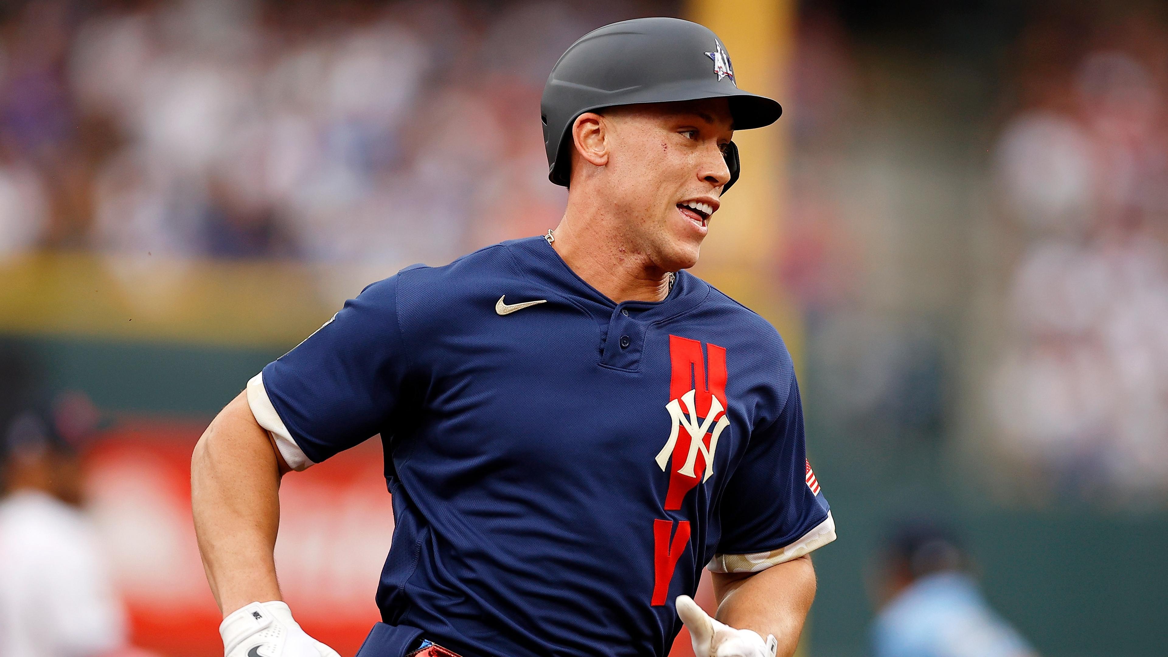 Jul 13, 2021; Denver, Colorado, USA; American League right fielder Aaron Judge of the New York Yankees (99) runs to third base on a double hit by third baseman Rafael Devers of the Boston Red Sox (not pictured) during the second inning during the 2021 MLB All Star Game at Coors Field. / © Isaiah J. Downing-USA TODAY Sports