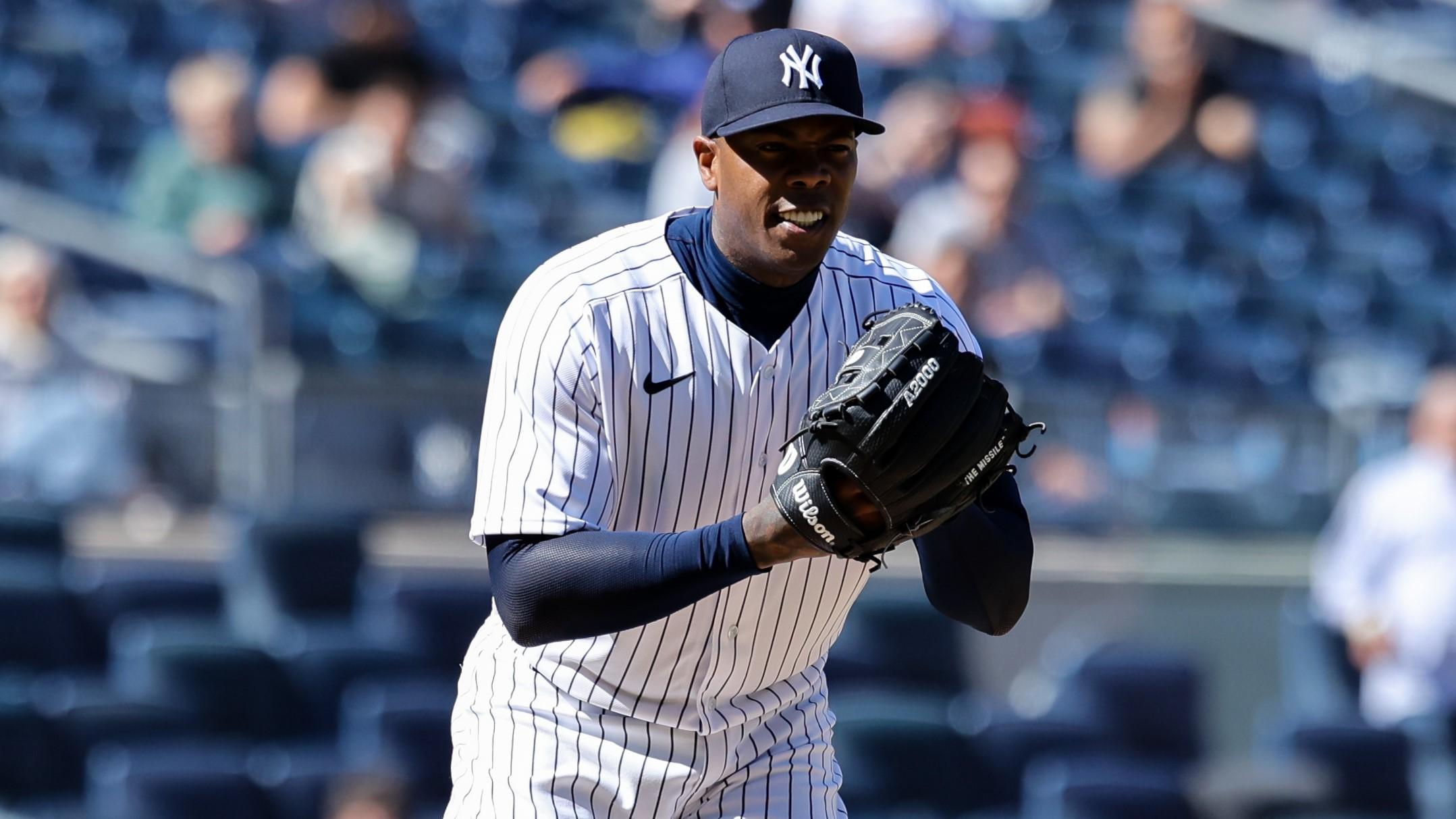 May 9, 2022; Bronx, New York, USA; New York Yankees relief pitcher Aroldis Chapman looks out during the ninth inning of a baseball game against the Texas Rangers at Yankee Stadium. Mandatory Credit: Jessica Alcheh-USA TODAY Sports / © Jessica Alcheh-USA TODAY Sports