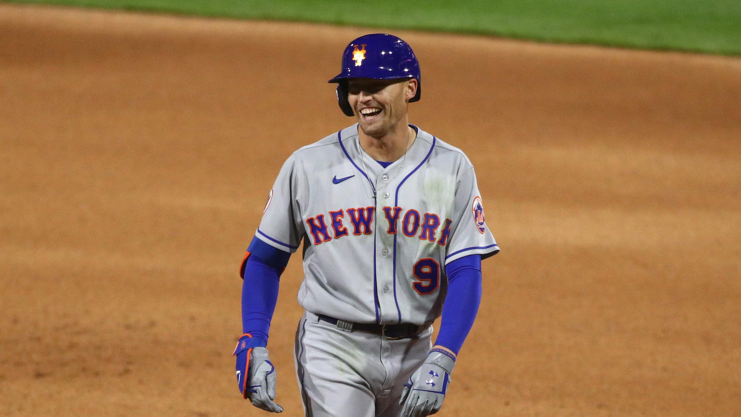 Apr 5, 2021; Philadelphia, Pennsylvania, USA; New York Mets outfielder Brandon Nimmo (9) reacts after hitting a single in the fourth inning against the Philadelphia Phillies at Citizens Bank Park. / Kyle Ross-USA TODAY Sports