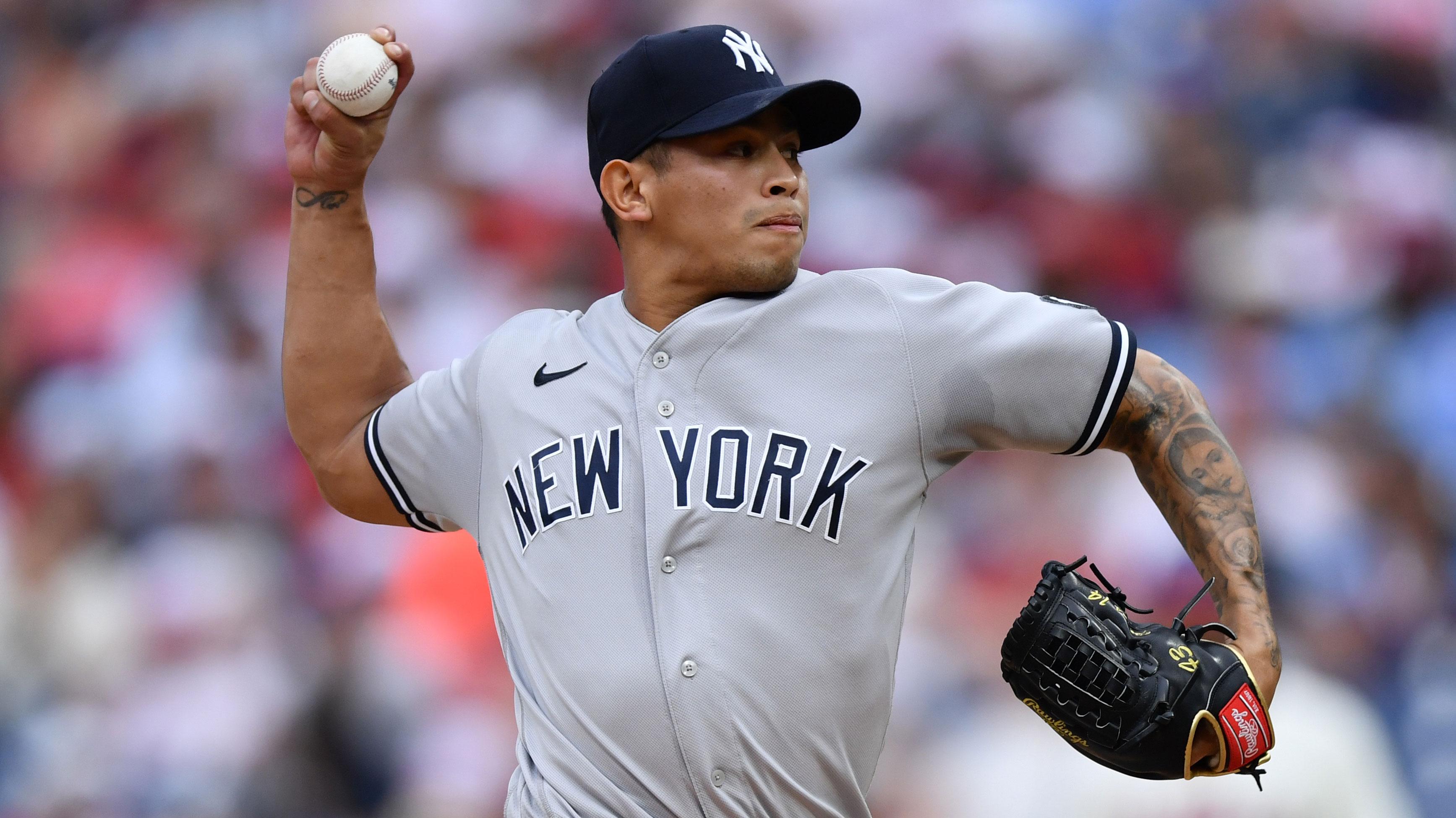 Jun 13, 2021; Philadelphia, Pennsylvania, USA; New York Yankees pitcher Jonathan Loaisiga (43) throws a pitch in the eighth inning against the Philadelphia Phillies at Citizens Bank Park. / Kyle Ross-USA TODAY Sports
