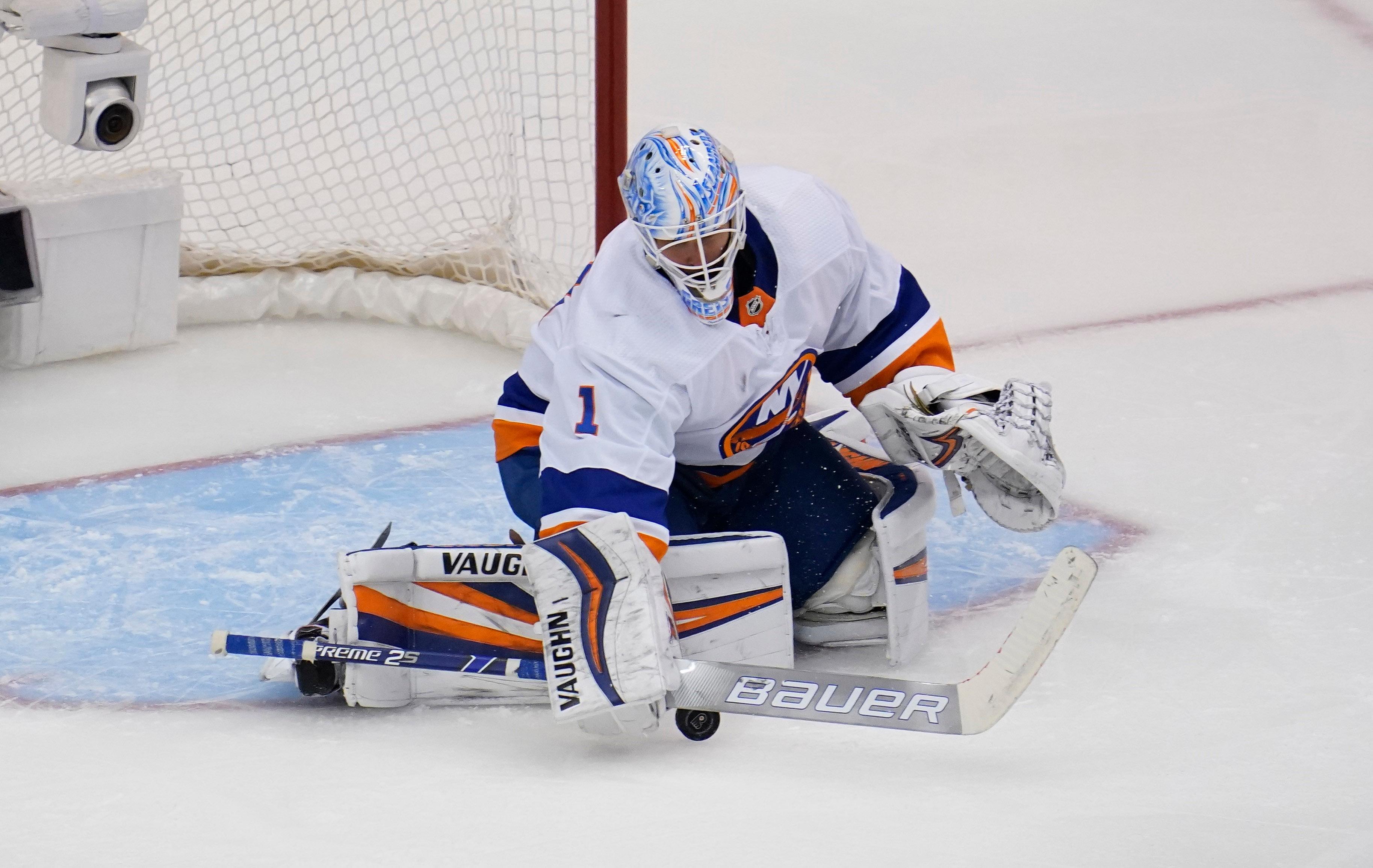 Sep 5, 2020; Toronto, Ontario, CAN; New York Islanders goaltender Thomas Greiss (1) makes a save against the Philadelphia Flyers during the third period in game seven of the second round of the 2020 Stanley Cup Playoffs at Scotiabank Arena. / John E. Sokolowski-USA TODAY Sports