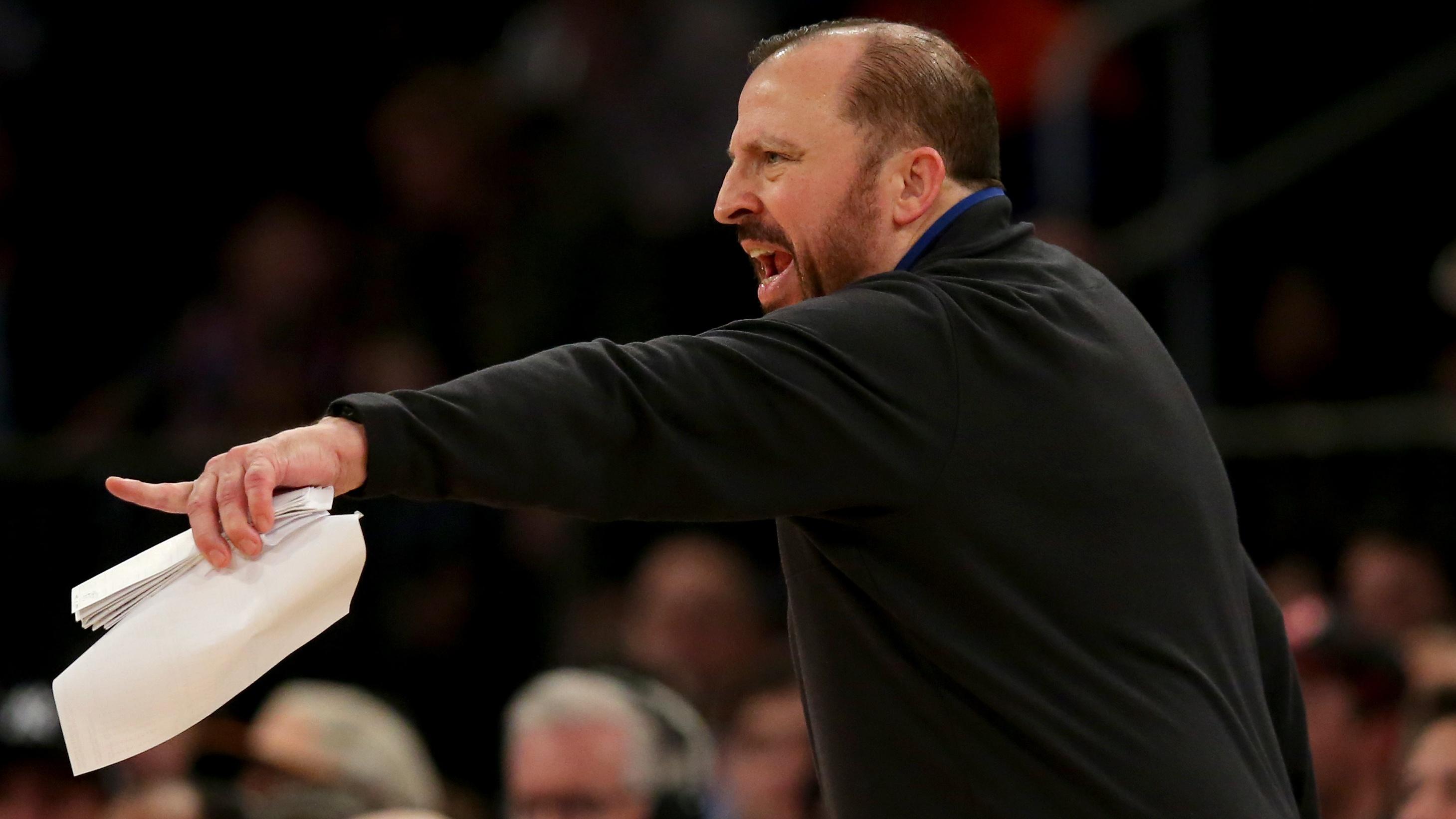 New York, New York, USA; New York Knicks head coach Tom Thibodeau coaches against the Atlanta Hawks during the second quarter at Madison Square Garden. / Brad Penner - USA TODAY Sports