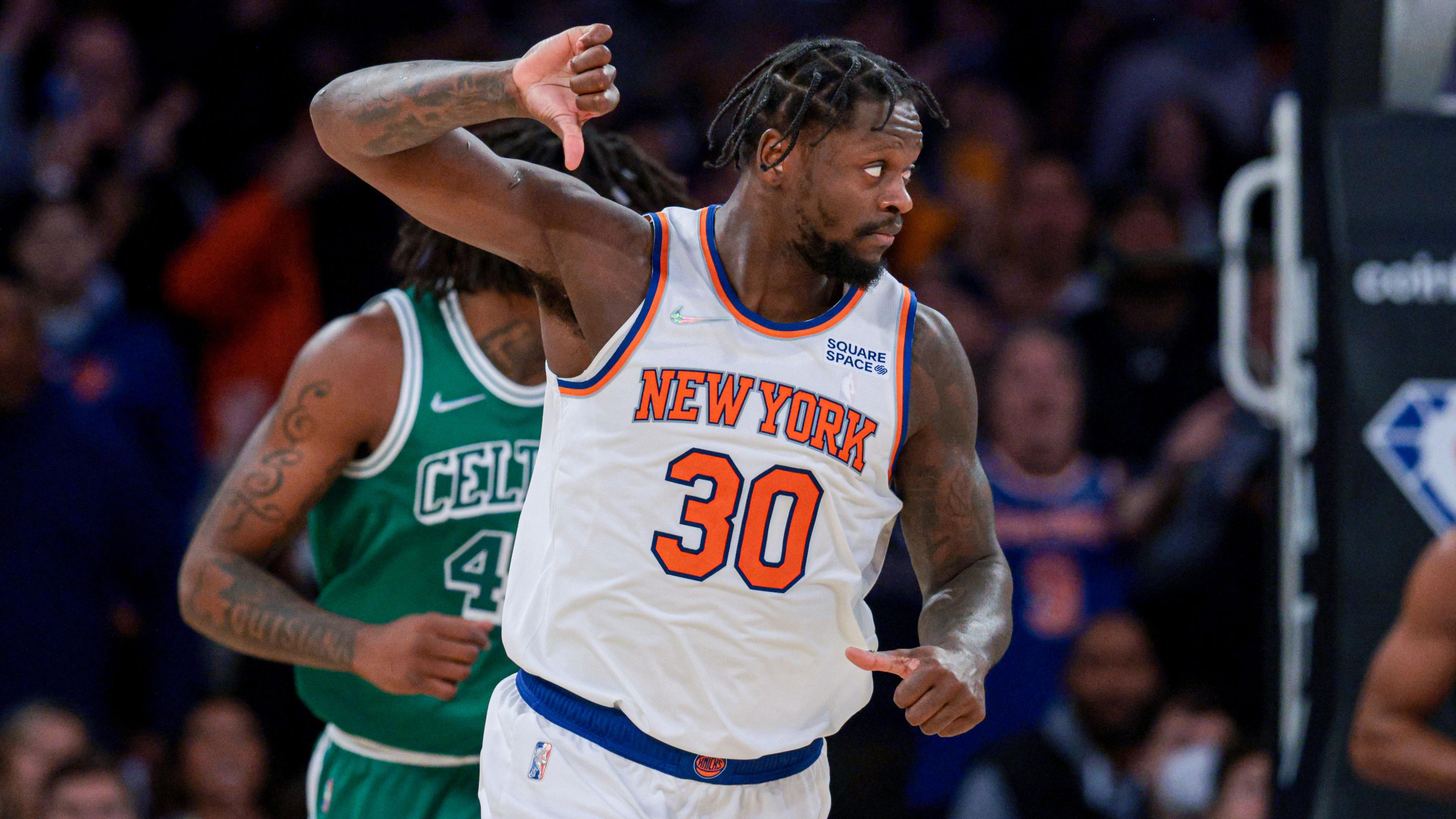 Jan 6, 2022; New York, New York, USA; New York Knicks forward Julius Randle (30) gestures after making a basket against the Boston Celtics during the second half at Madison Square Garden. / Vincent Carchietta-USA TODAY Sports