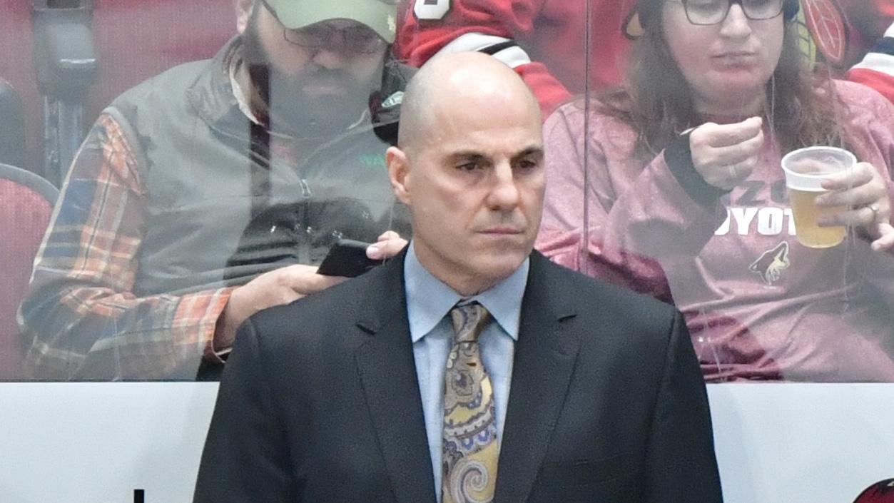 Arizona Coyotes head coach Rick Tocchet looks on during the first period against the Chicago Blackhawks at Gila River Arena. / Matt Kartozian-USA TODAY Sports
