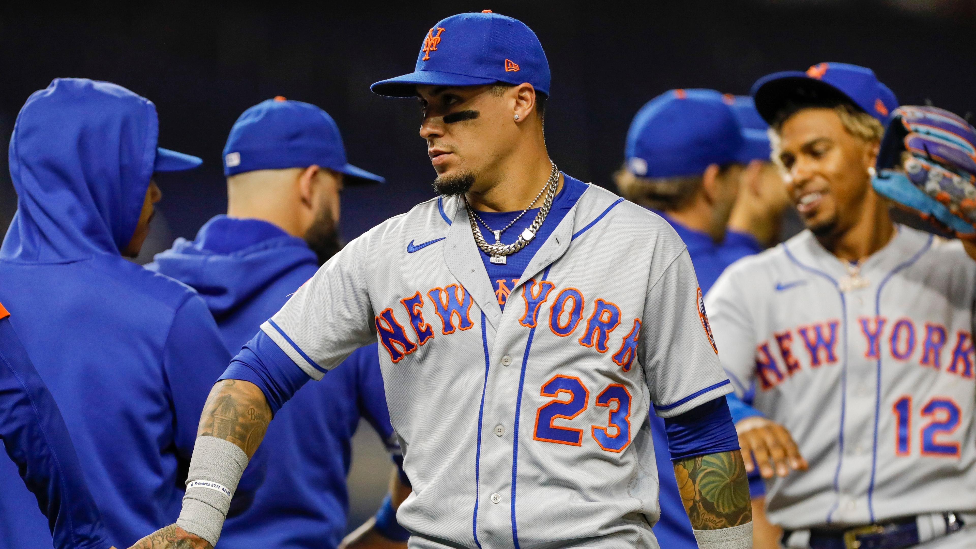 Sep 7, 2021; Miami, Florida, USA; New York Mets second baseman Javier Baez (23) celebrates with teammates after winning the game 9-4 against the Miami Marlins at loanDepot Park. / Sam Navarro-USA TODAY Sports