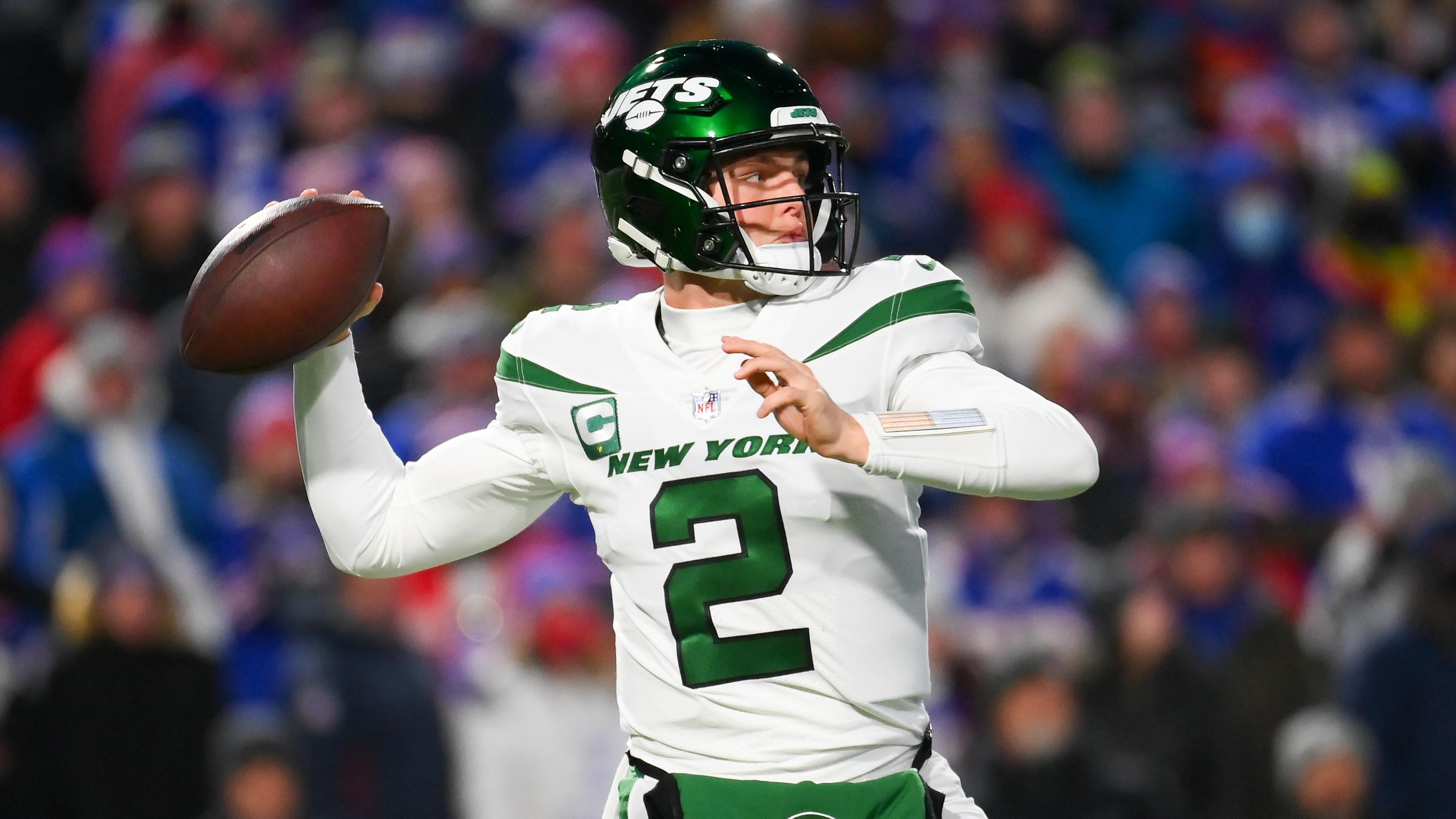 Jan 9, 2022; Orchard Park, New York, USA; New York Jets quarterback Zach Wilson (2) passes the ball against the Buffalo Bills during the first half at Highmark Stadium. Mandatory Credit: Rich Barnes-USA TODAY Sports / Rich Barnes-USA TODAY Sports