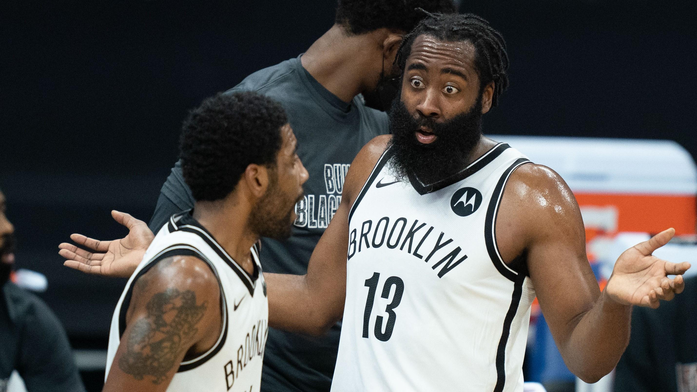 February 15, 2021; Sacramento, California, USA; Brooklyn Nets guard James Harden (13, right) and guard Kyrie Irving (11, left) during the first quarter against the Sacramento Kings at Golden 1 Center. Mandatory Credit: Kyle Terada-USA TODAY Sports / Kyle Terada-USA TODAY Sports