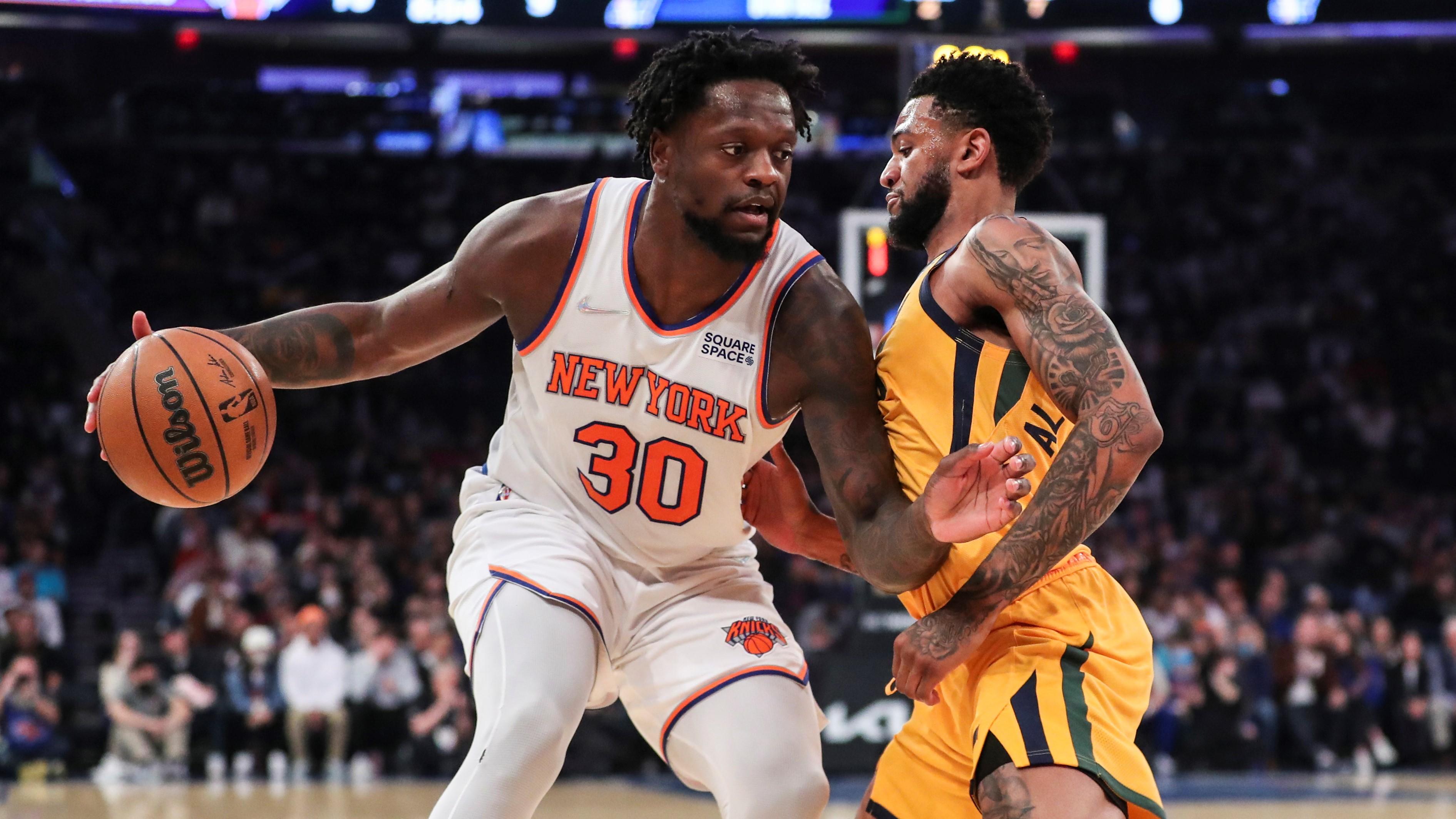 Mar 20, 2022; New York, New York, USA; New York Knicks forward Julius Randle (30) looks to drive past Utah Jazz guard Nickeil Alexander-Walker (6) in the first quarter at Madison Square Garden. / Wendell Cruz-USA TODAY Sports