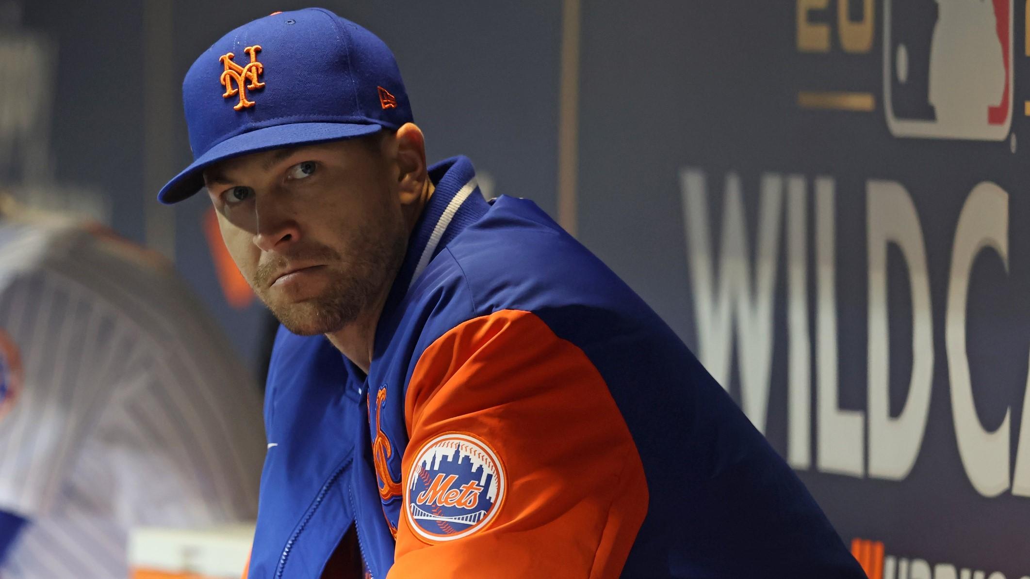 Oct 8, 2022; New York City, New York, USA; New York Mets starting pitcher Jacob deGrom (48) sits in the dug out before game two of the Wild Card series against the San Diego Padres for the 2022 MLB Playoffs at Citi Field. / Brad Penner-USA TODAY Sports