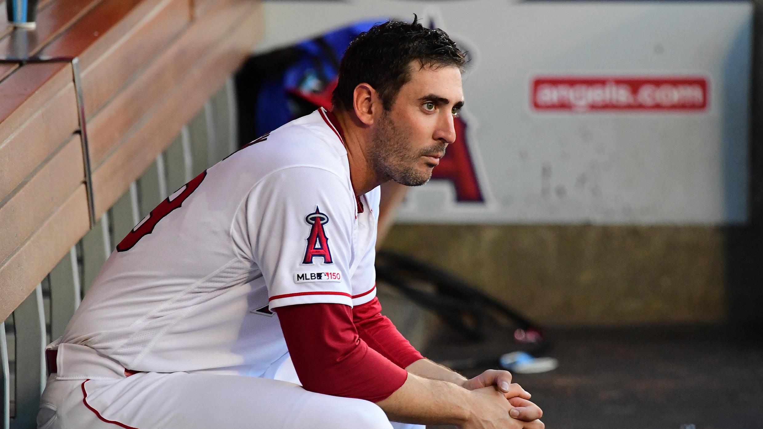 Jul 18, 2019; Anaheim, CA, USA; Los Angeles Angels starting pitcher Matt Harvey (33) sits in the dugout during the third inning against the Houston Astros at Angel Stadium of Anaheim. / Jayne Kamin-Oncea-USA TODAY Sports
