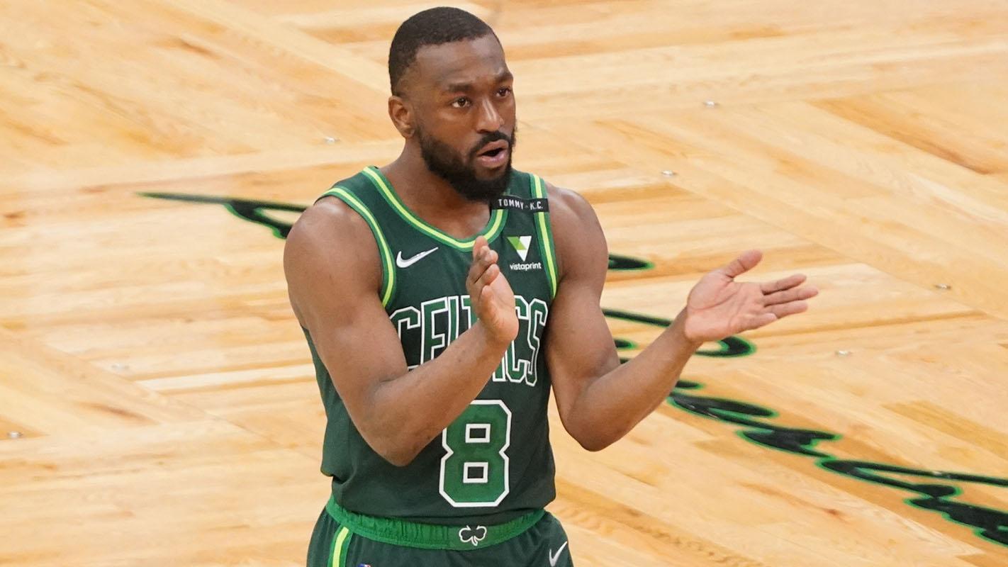 May 11, 2021; Boston, Massachusetts, USA; Boston Celtics guard Kemba Walker (8) reacts after his three point basket against the Miami Heat in the second quarter at TD Garden. / David Butler II-USA TODAY Sports
