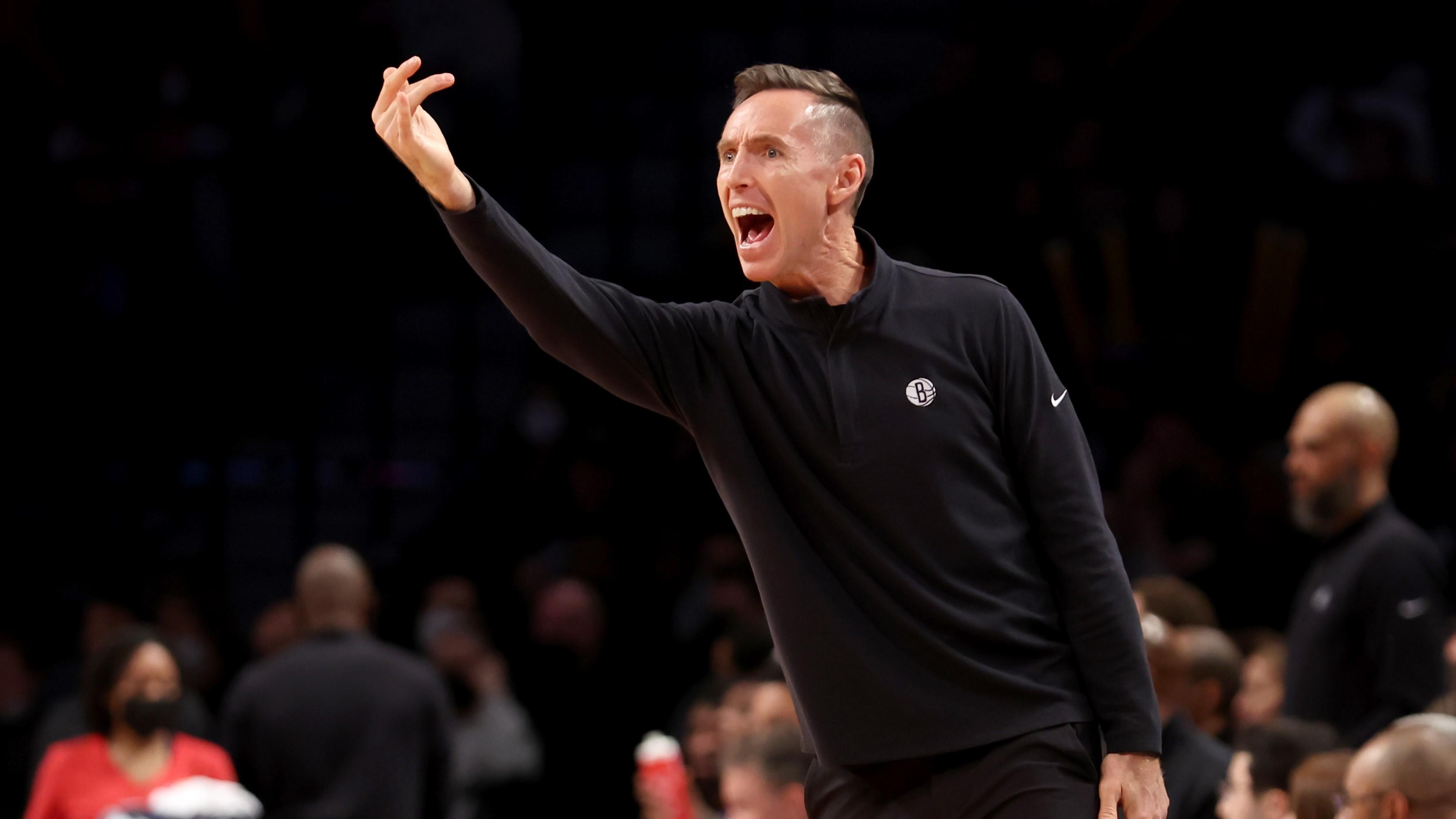Brooklyn Nets head coach Steve Nash coaches against the Cleveland Cavaliers during the third quarter at Barclays Center. / Brad Penner-USA TODAY Sports