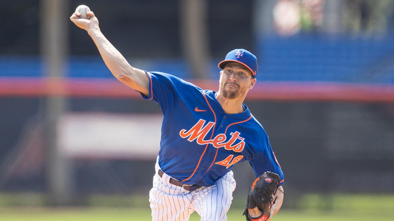 Feb 23, 2021; Port St. Lucie, Florida, USA; New York Mets starting pitcher Jacob deGrom (48) participates in workouts during spring training at Clover Park. / Mary Holt-USA TODAY Sports