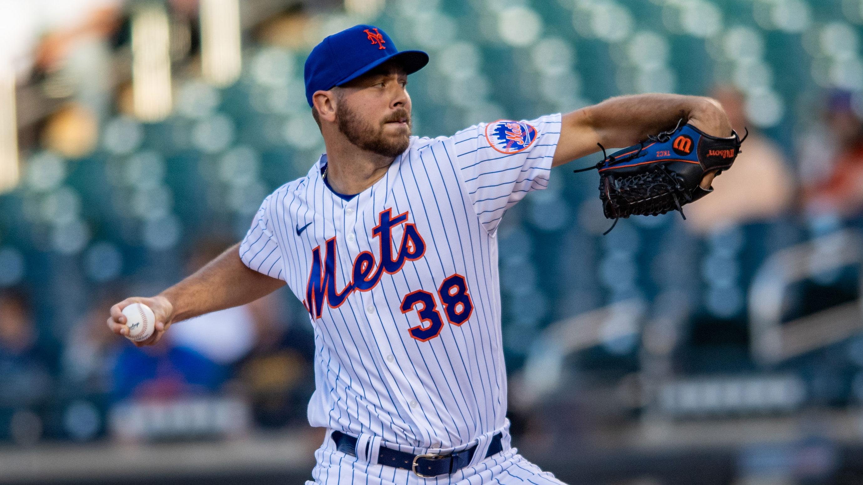 Jun 23, 2021; New York City, New York, USA; New York Mets starting pitcher Tylor Megill (38) pitches against the Atlanta Braves during the first inning at Citi Field. / John Jones-USA TODAY Sports