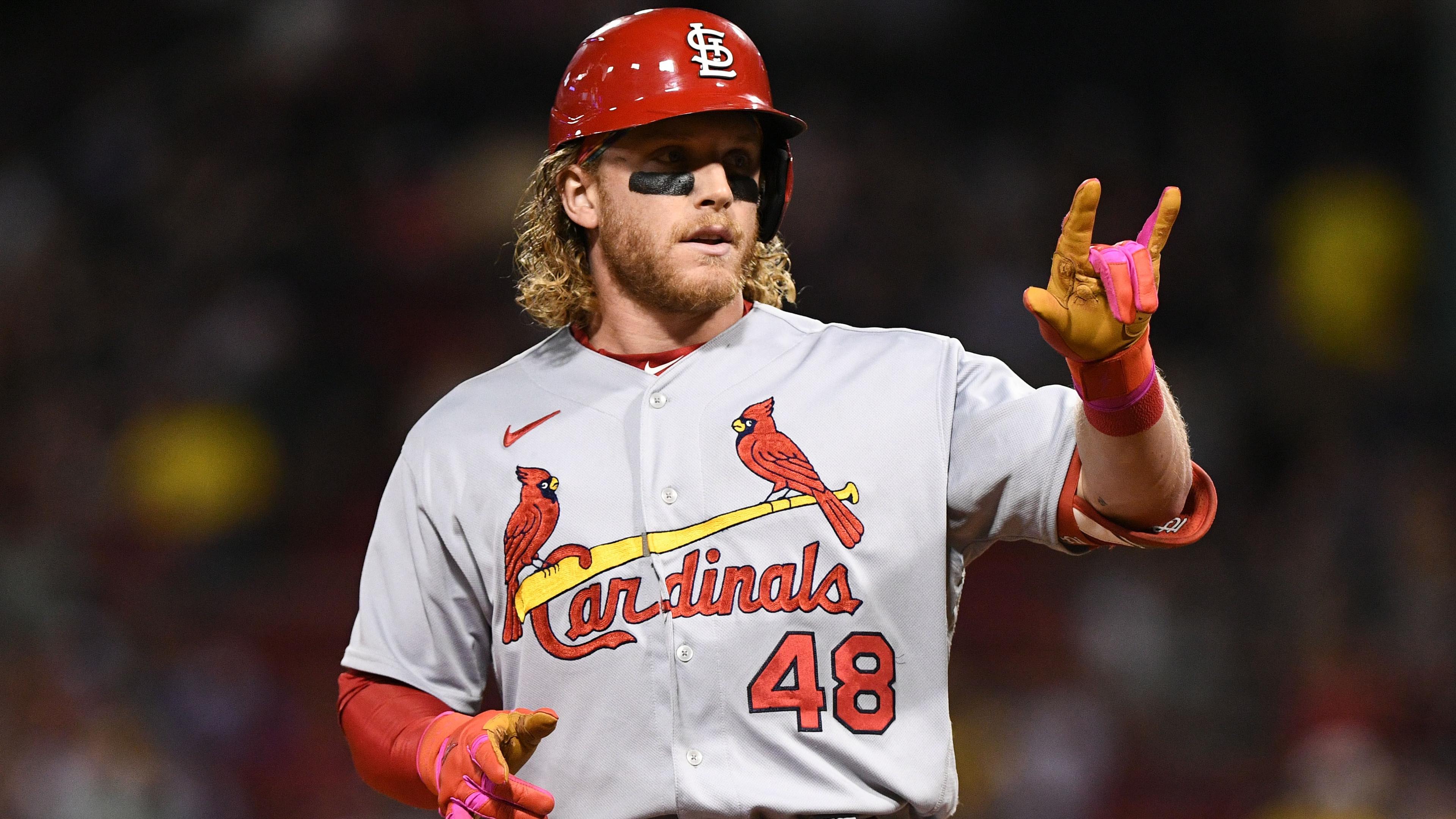 Jun 17, 2022; Boston, Massachusetts, USA; St. Louis Cardinals center fielder Harrison Bader (48) reacts after hitting a RBI triple against the Boston Red Sox during the ninth inning at Fenway Park. Mandatory Credit: Brian Fluharty-USA TODAY Sports / © Brian Fluharty-USA TODAY Sports