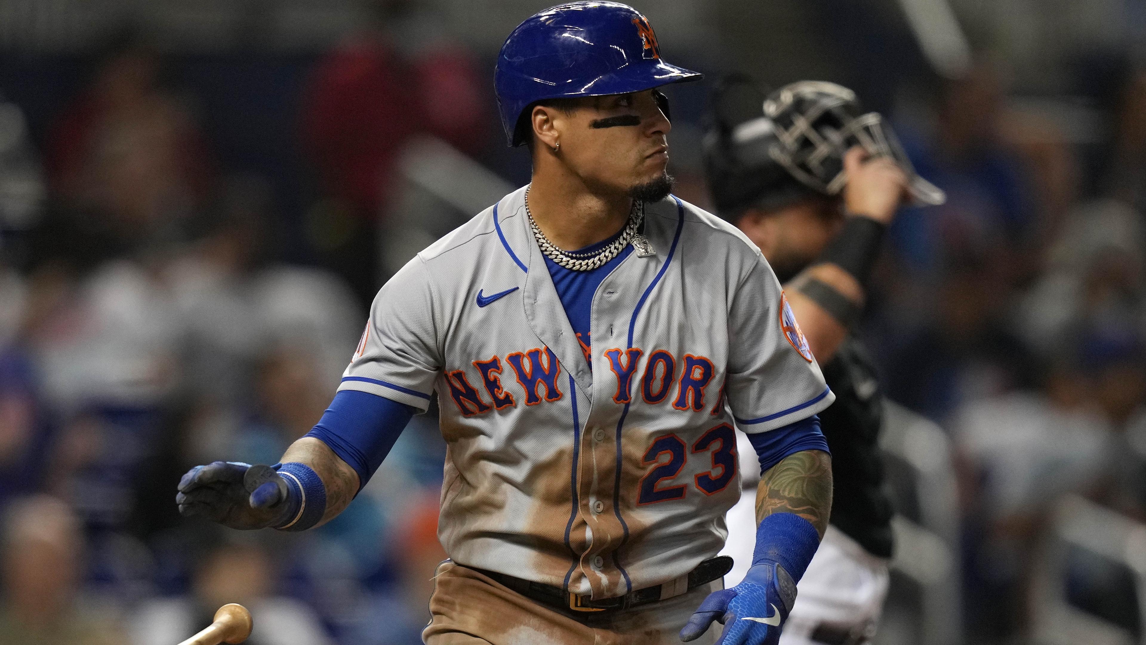 Sep 9, 2021; Miami, Florida, USA; New York Mets second baseman Javier Baez (23) tosses his bat after hitting a solo homerun in the 3rd inning against the Miami Marlins at loanDepot park. / © Jasen Vinlove-USA TODAY Sports