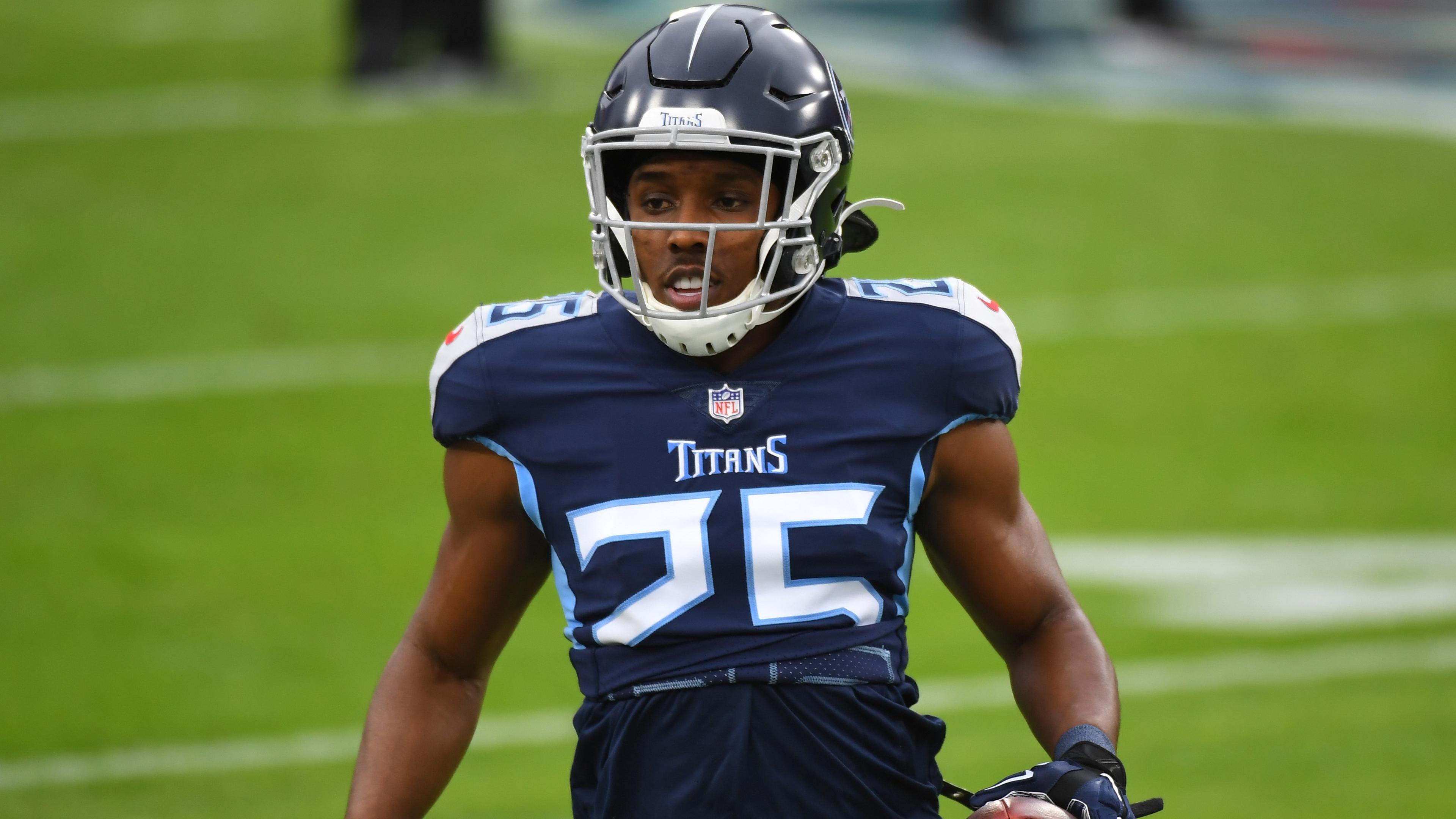 Dec 20, 2020; Nashville, Tennessee, USA; Tennessee Titans cornerback Adoree' Jackson (25) warms up before the game against the Detroit Lions at Nissan Stadium / Christopher Hanewinckel-USA TODAY Sports