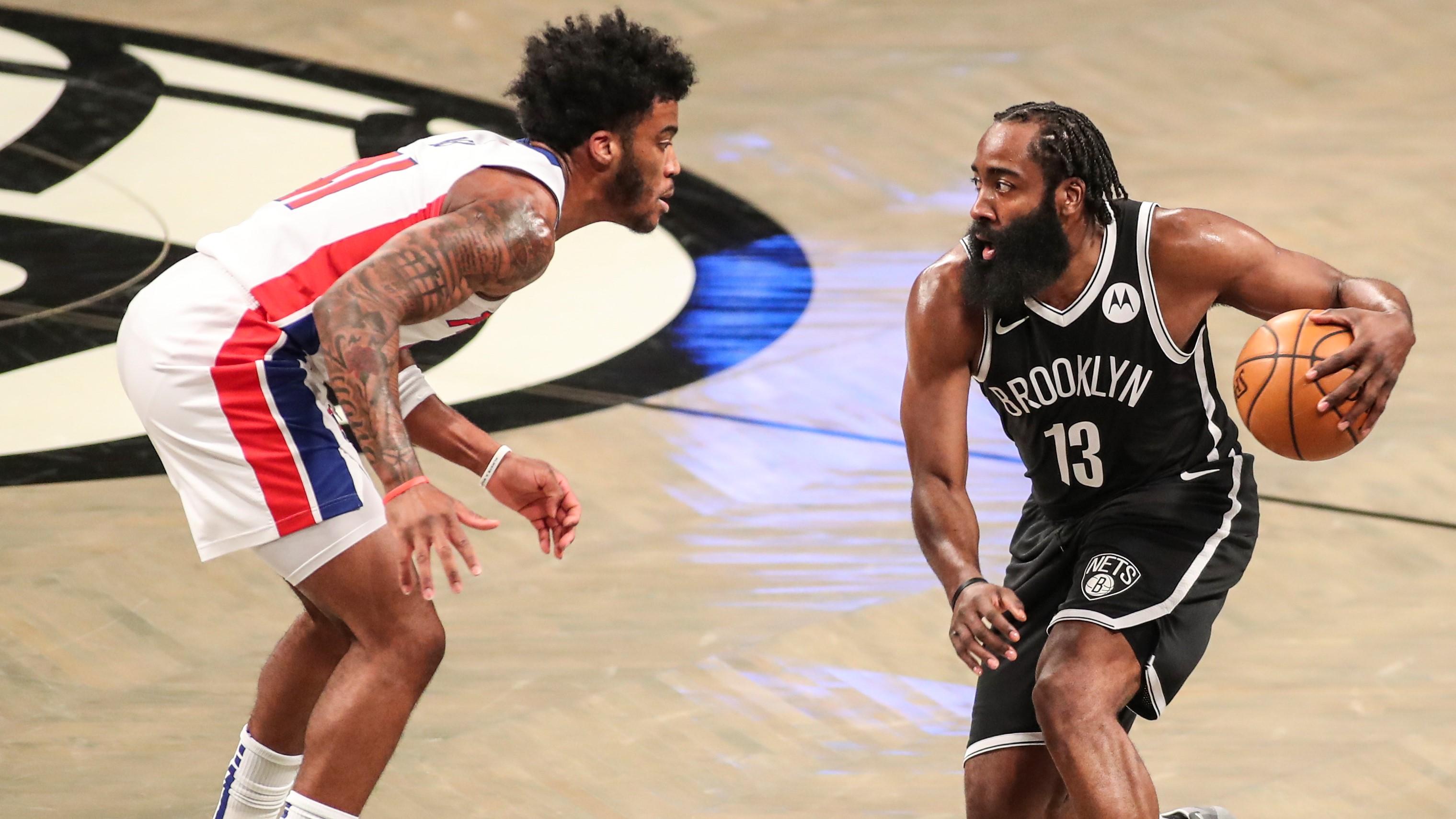 Mar 13, 2021; Brooklyn, New York, USA; Brooklyn Nets guard James Harden (13) looks to drive past Detroit Pistons forward Saddiq Bey (41) in the second quarter at Barclays Center. / Wendell Cruz-USA TODAY Sports