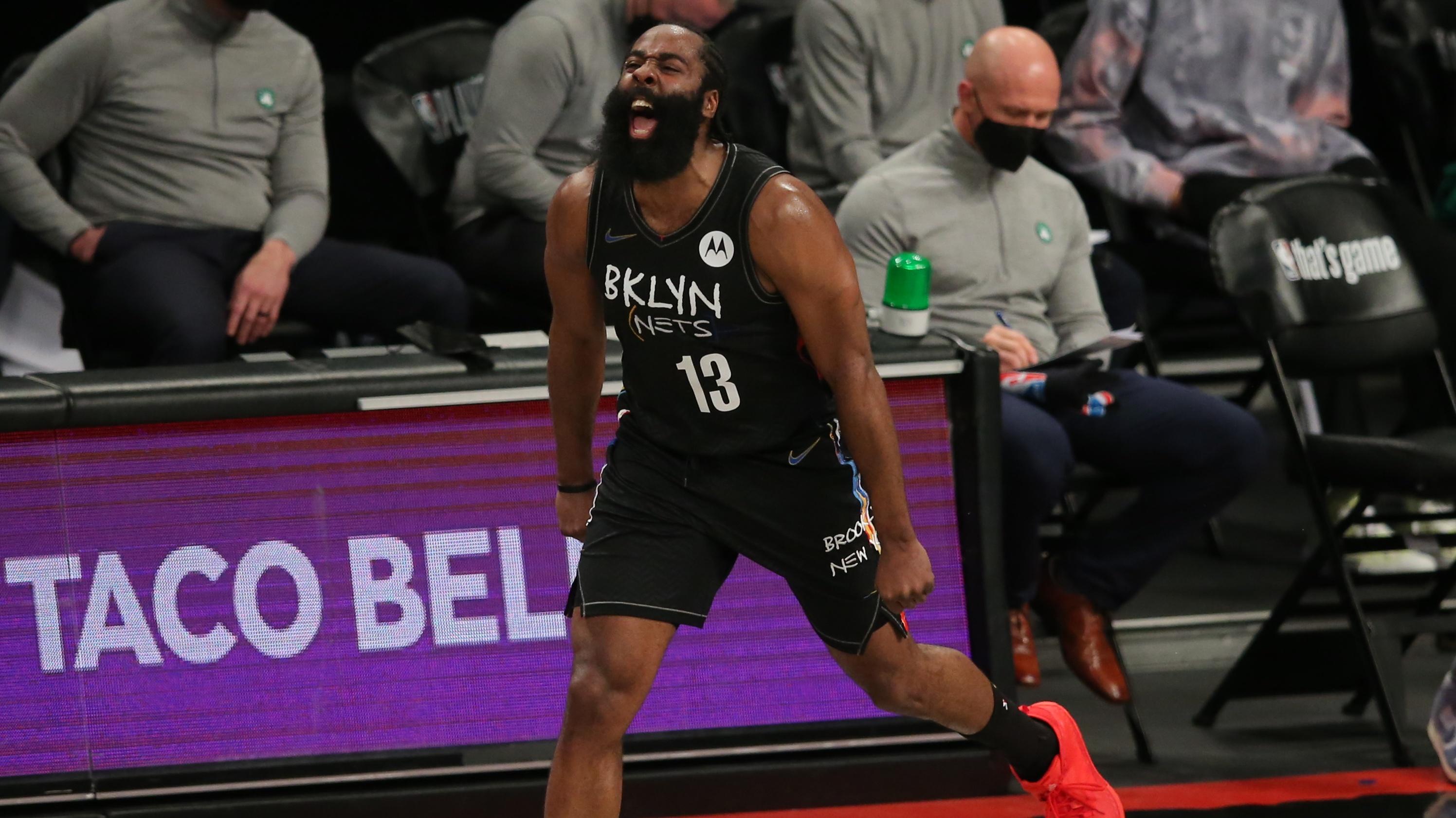 Jun 1, 2021; Brooklyn, New York, USA; Brooklyn Nets shooting guard James Harden (13) reacts after a basket against the Boston Celtics during the second quarter of game five of the first round of the 2021 NBA Playoffs at Barclays Center. / © Brad Penner-USA TODAY Sports