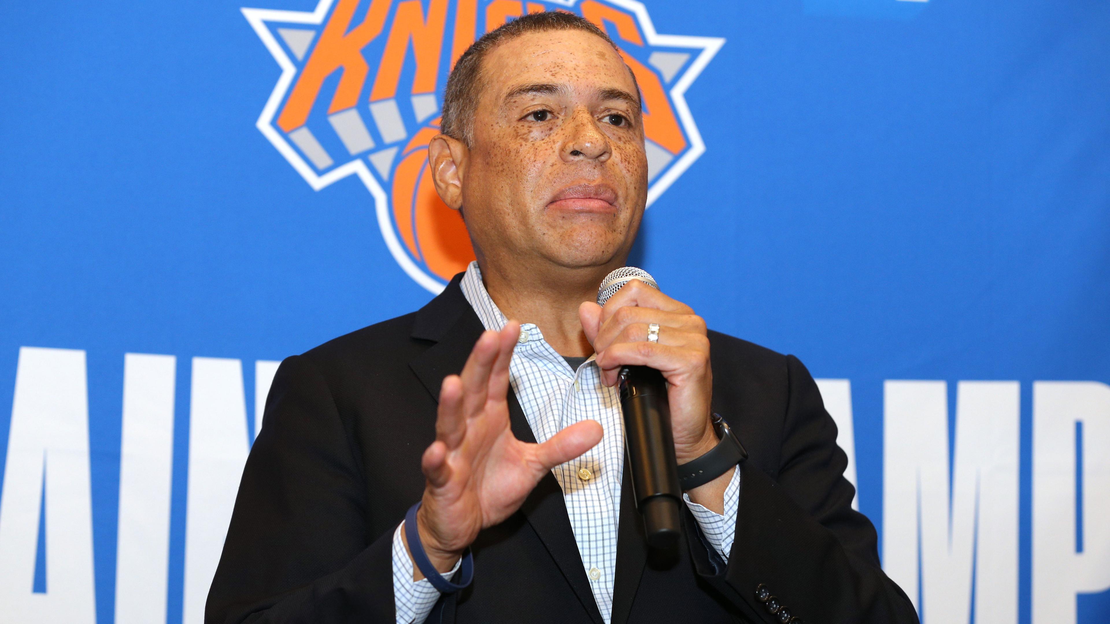 Sep 30, 2019; New York, NY, USA; New York Knicks general manager Scott Perry speaks to the media during media day at the MSG training center in Greenburgh, NY. / Brad Penner-USA TODAY Sports