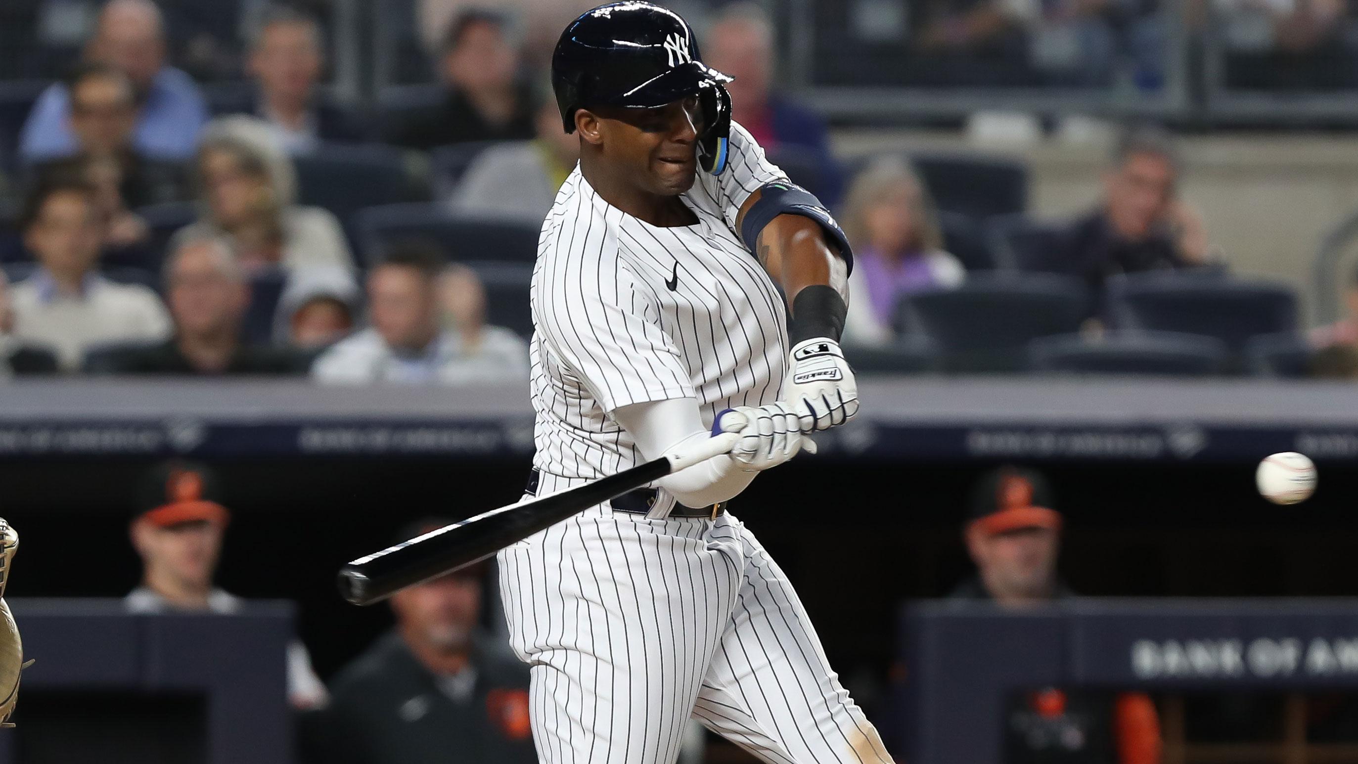 May 25, 2022; Bronx, New York, USA; New York Yankees left fielder Miguel Andujar (41) drives in an RBI on a single against the Baltimore Orioles during the fourth inning at Yankee Stadium. / Tom Horak-USA TODAY Sports