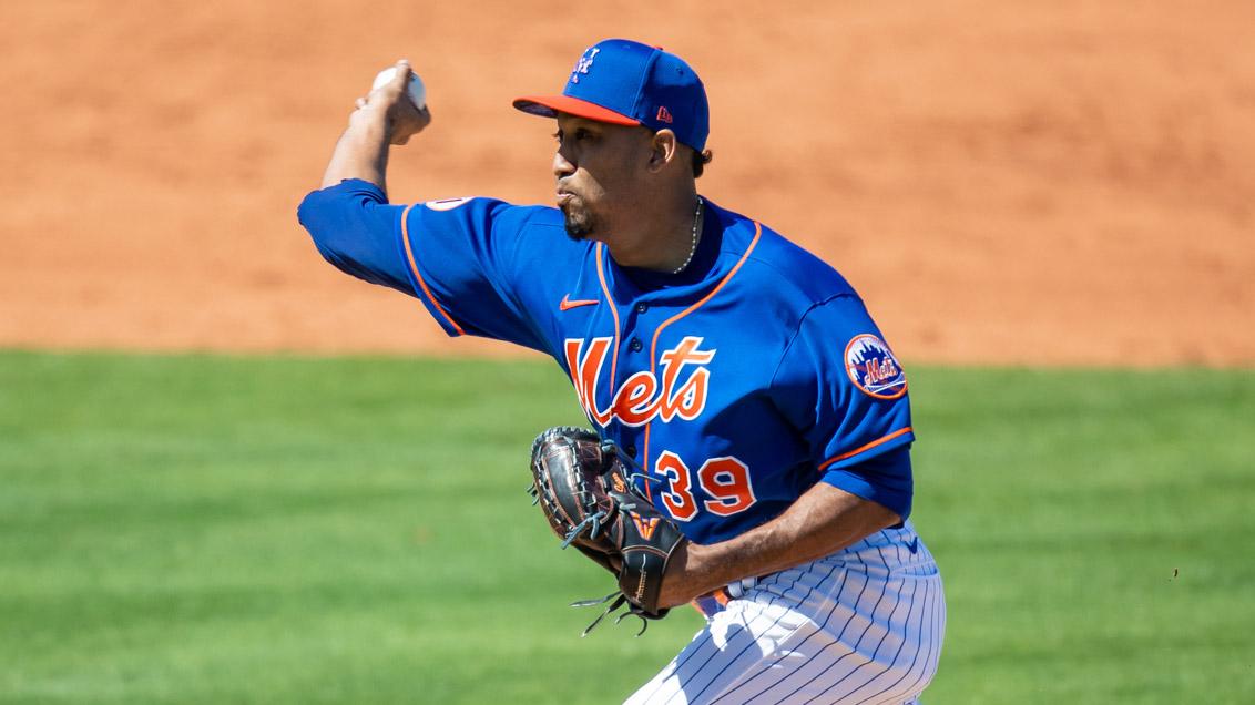 Mar 9, 2021; Port St. Lucie, Florida, USA; New York Mets relief pitcher Edwin Diaz (39) delivers a pitch during the third inning of a spring training game between the St. Louis Cardinals and New York Mets at Clover Park. / Mary Holt-USA TODAY Sports