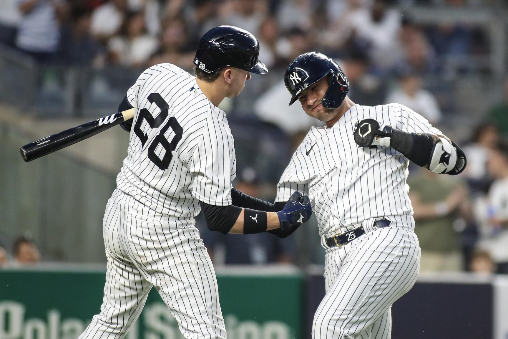 New York Yankees second baseman Gleyber Torres (25) celebrates with third baseman Josh Donaldson (28) after hitting a solo home run in the fourth inning against the Boston Red Sox at Yankee Stadium. / Wendell Cruz-USA TODAY Sports