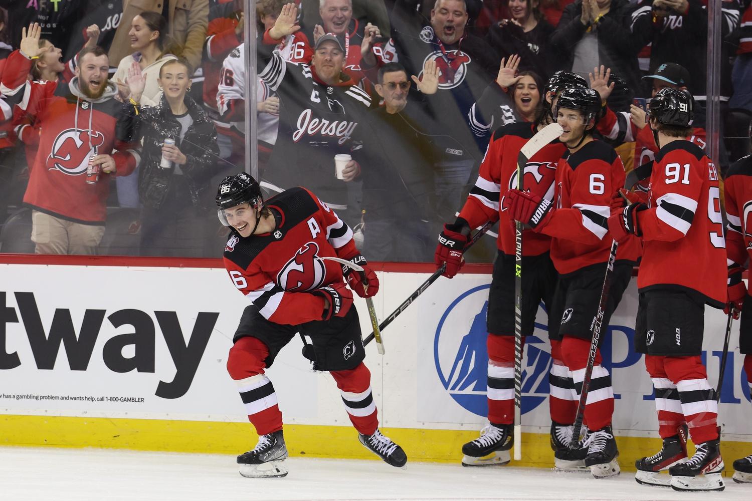New Jersey Devils center Jack Hughes (86) celebrates his goal against the Washington Capitals during the second period at Prudential Center. / Ed Mulholland-USA TODAY Sports