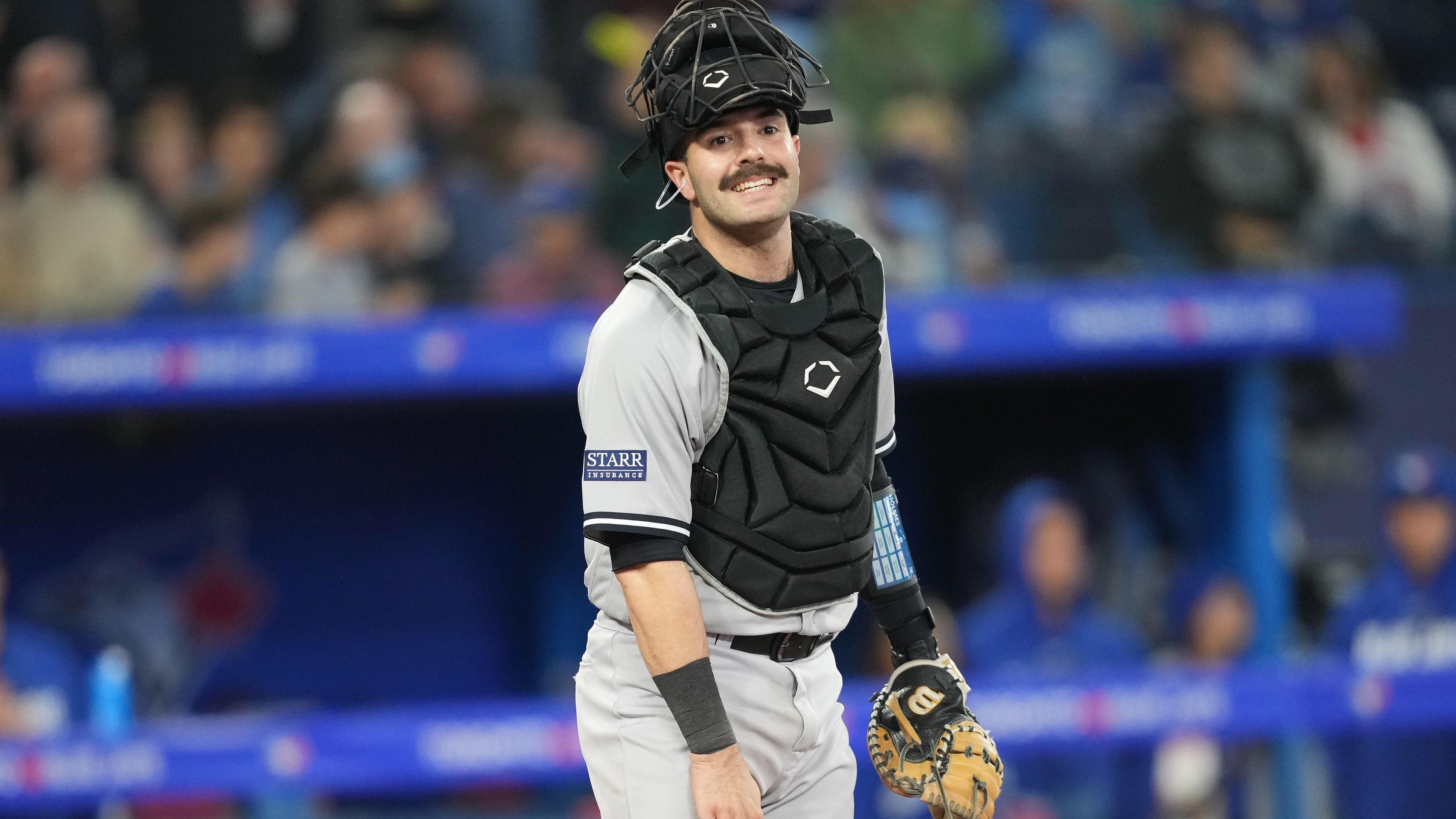Sep 26, 2023; Toronto, Ontario, CAN; New York Yankees catcher Austin Wells (88) gets ready for the ninth inning against the Toronto Blue Jays at Rogers Centre. / Nick Turchiaro-USA TODAY Sports