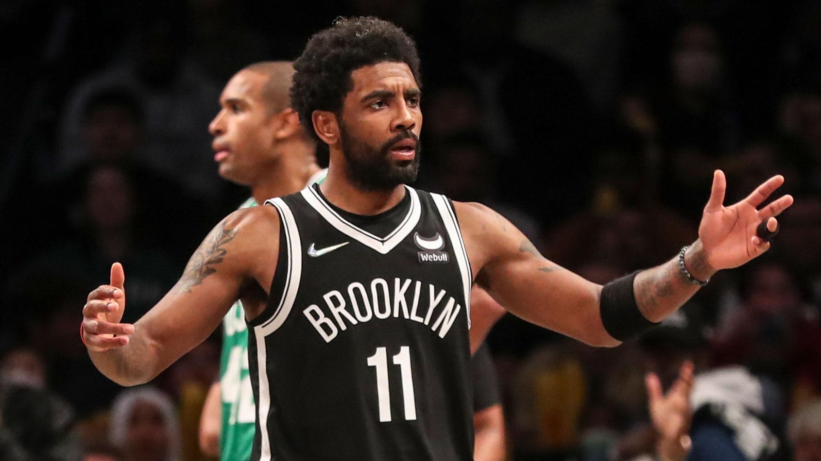 Apr 23, 2022; Brooklyn, New York, USA; Brooklyn Nets guard Kyrie Irving (11) looks towards an official after a call in the third quarter against the Boston Celtics at Barclays Center. / Wendell Cruz-USA TODAY Sports
