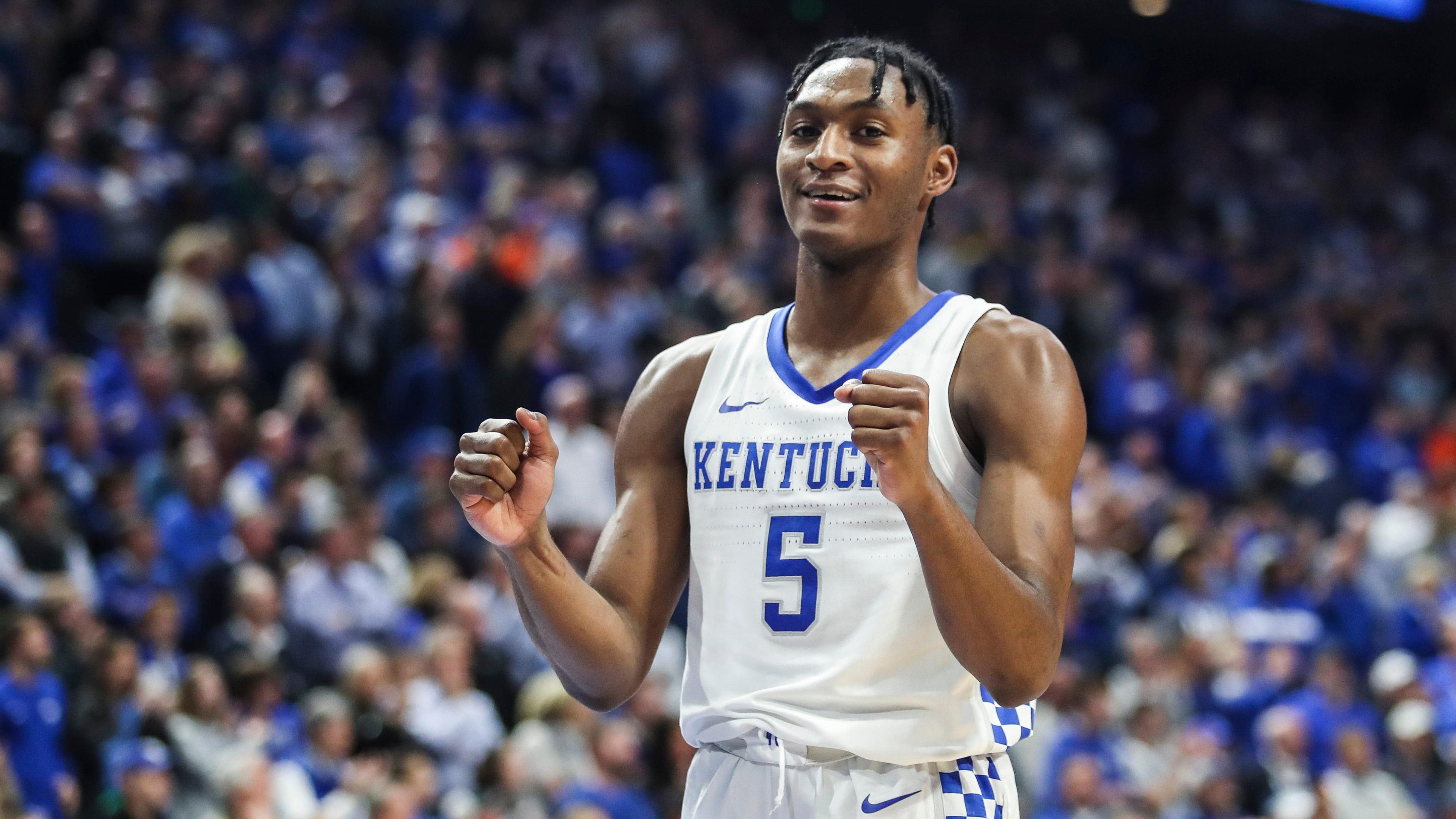 Immanuel Quickley soaks in the Wildcat win over Florida Saturday night. / Matt Stone/Courier Journal, Courier Journal via Imagn Content Services, LLC