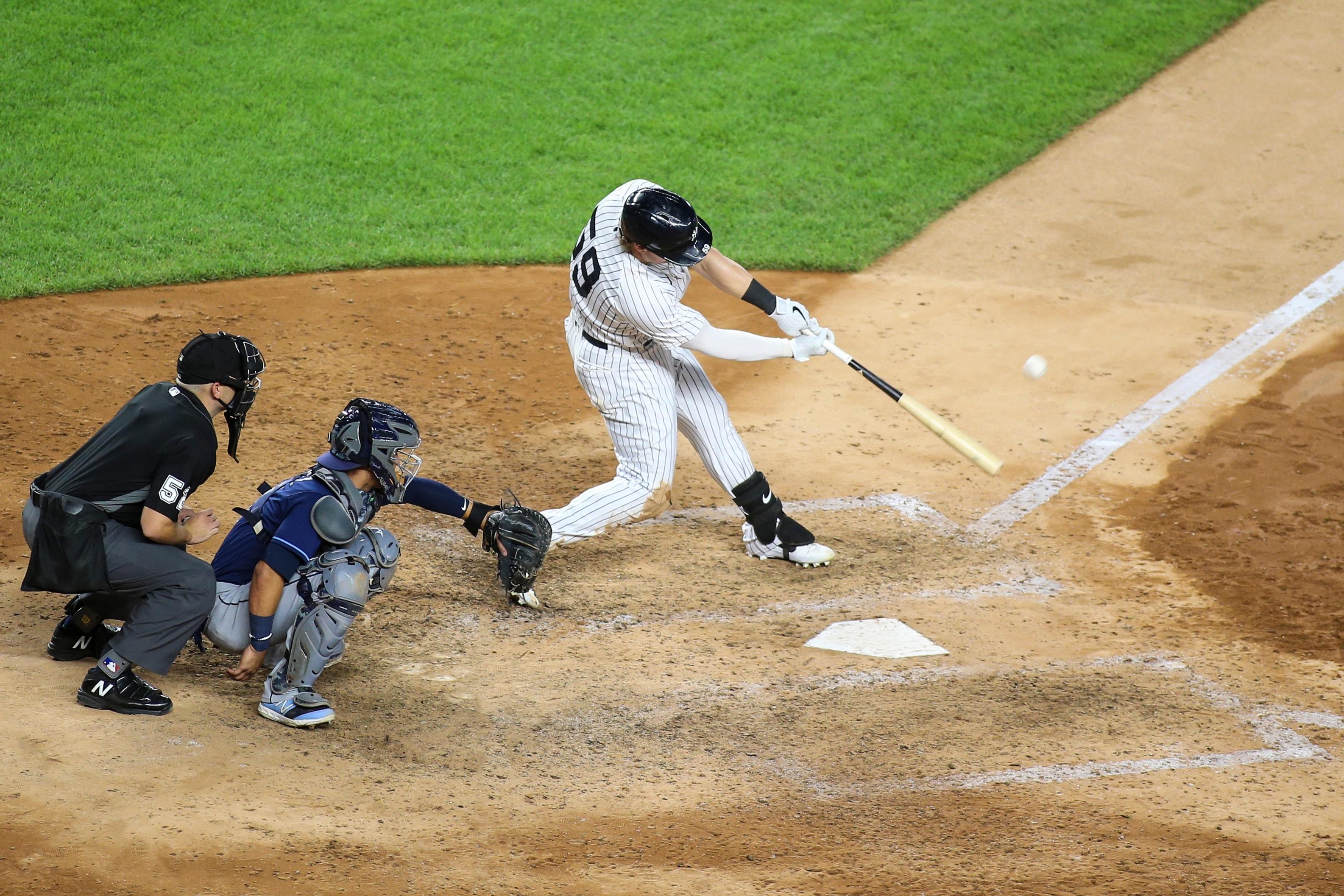 Aug 31, 2020; Bronx, New York, USA; New York Yankees designated hitter Luke Voit (59) hits a two run home run in the eighth inning against the Tampa Bay Rays at Yankee Stadium. / © Wendell Cruz-USA TODAY Sports