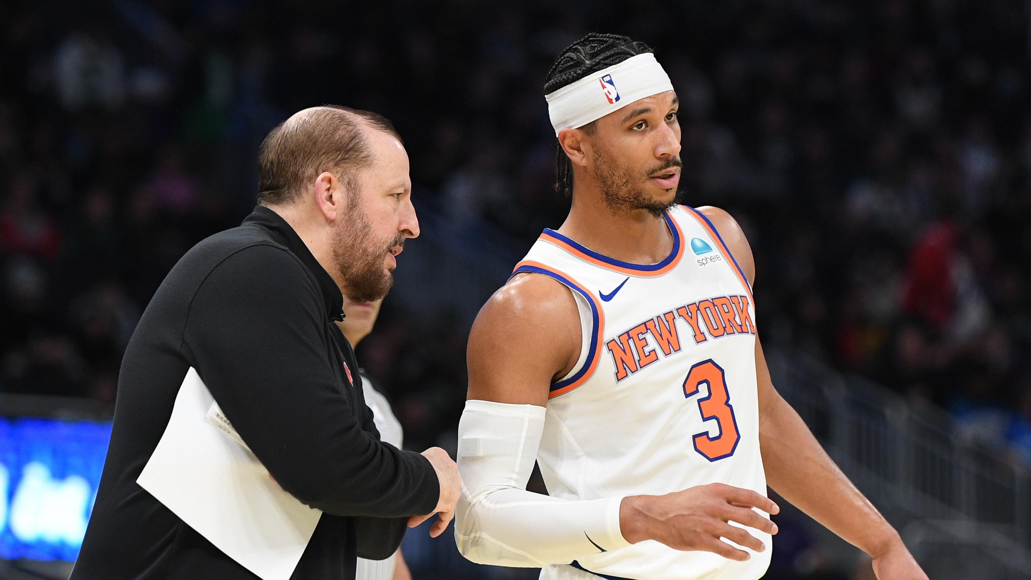 Dec 5, 2023; Milwaukee, Wisconsin, USA; New York Knicks coach Tom Thibodeau talks with New York Knicks guard Josh Hart (3) on the sideline against the Milwaukee Bucks in the first half at Fiserv Forum. Mandatory Credit: Michael McLoone-USA TODAY Sports / © Michael McLoone-USA TODAY Sports
