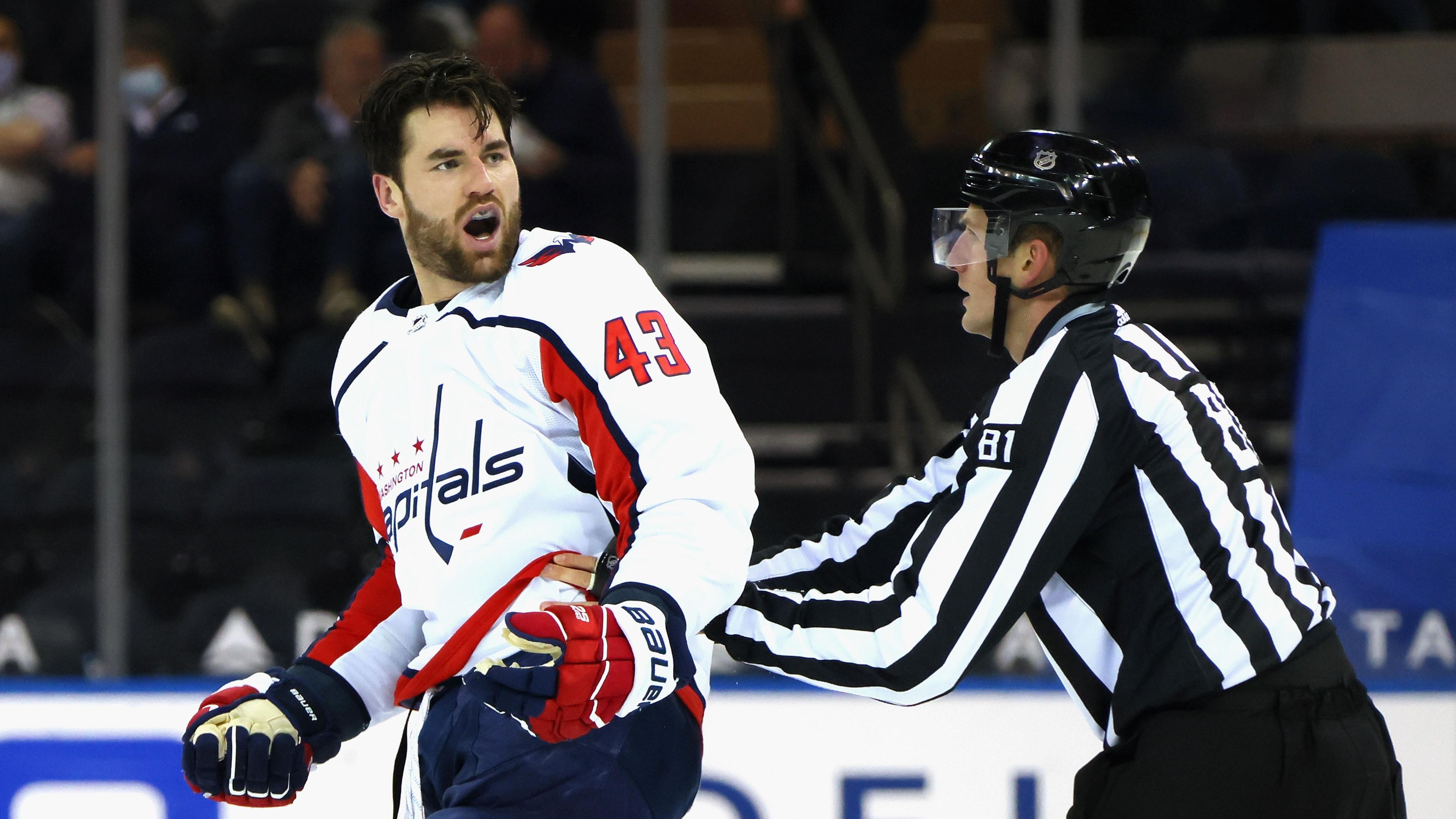 Tom Wilson #43 of the Washington Capitals yells at the New York Rangers bench after taking a second period penalty at Madison Square Garden. / Bruce Bennett-USA TODAY Sports