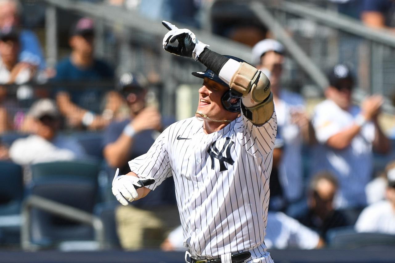 New York Yankees third baseman Josh Donaldson (28) hits a solo home run against the Tampa Bay Rays during the second inning at Yankee Stadium. / Dennis Schneidler-USA TODAY Sports
