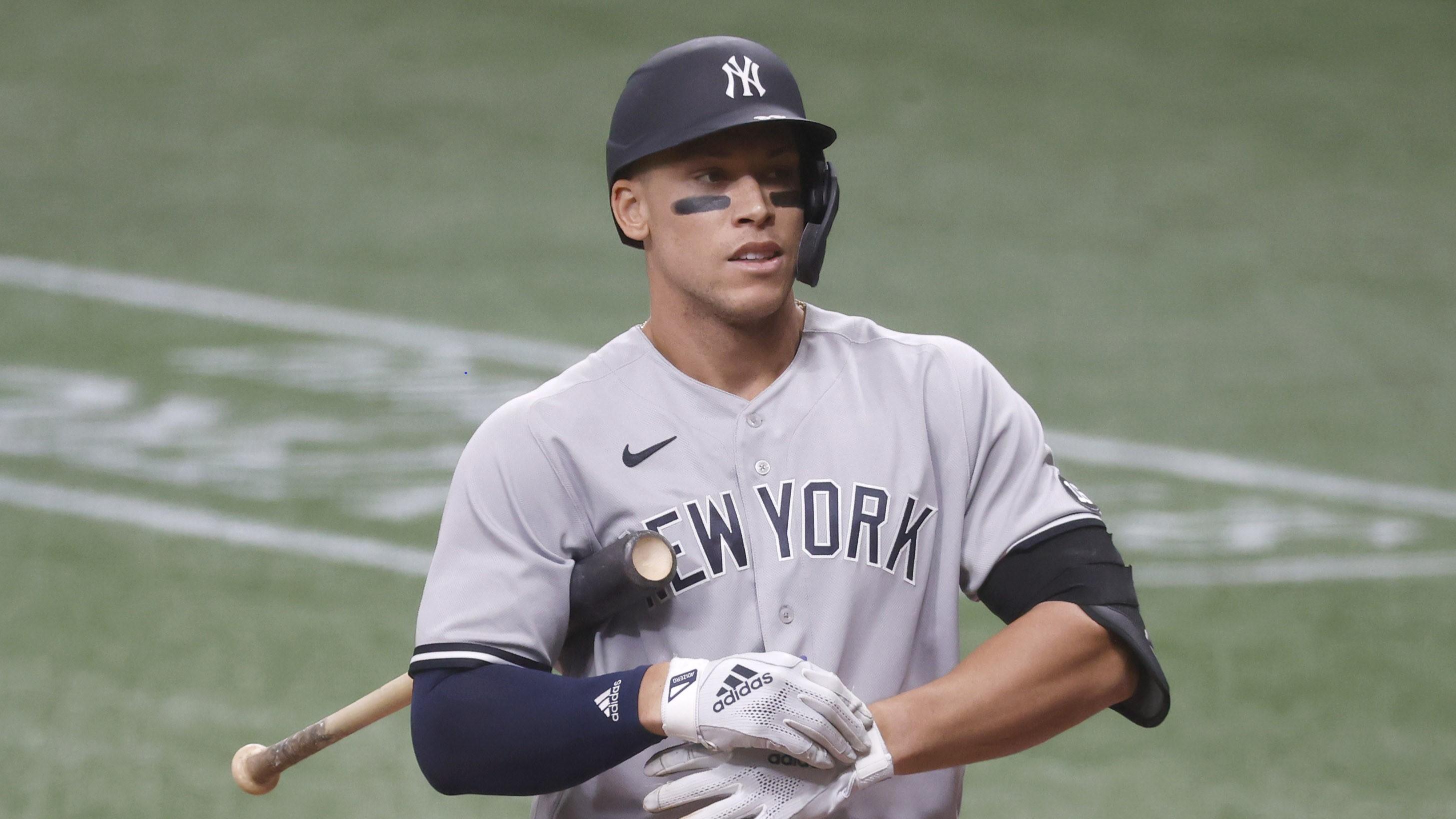 Apr 10, 2021; St. Petersburg, Florida, USA; New York Yankees right fielder Aaron Judge (99) at bat during the eighth inning against the Tampa Bay Rays at Tropicana Field. / Kim Klement-USA TODAY Sports