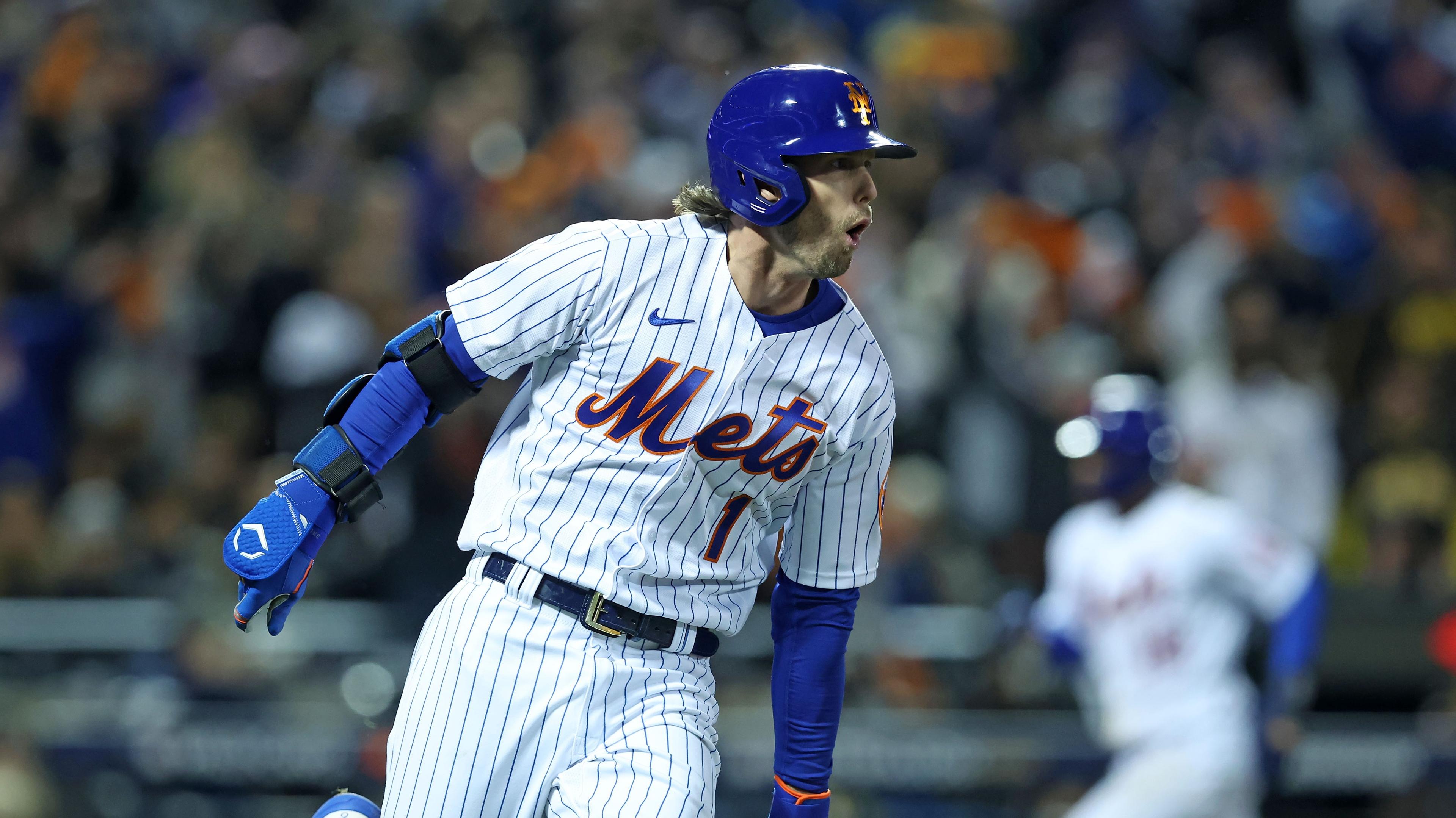 Oct 8, 2022; New York City, New York, USA; New York Mets second baseman Jeff McNeil (1) reacts after hitting a two run double against the San Diego Padres in the seventh inning during game two of the Wild Card series for the 2022 MLB Playoffs at Citi Field. Mandatory Credit: Brad Penner-USA TODAY Sports / © Brad Penner-USA TODAY Sports