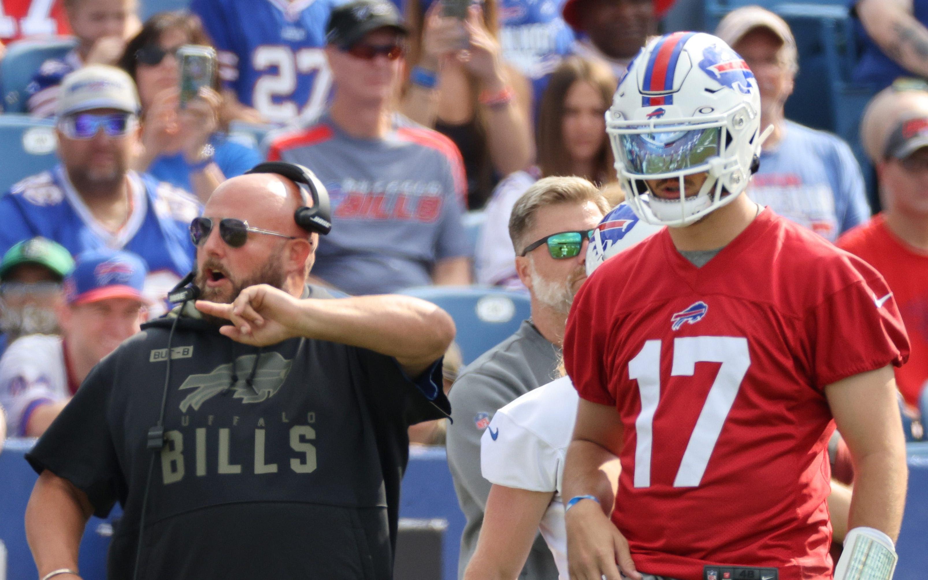 Josh Allen with offensive coordinator Brian Daboll during a training camp practice. / © Jamie Germano via Imagn Content Services, LLC