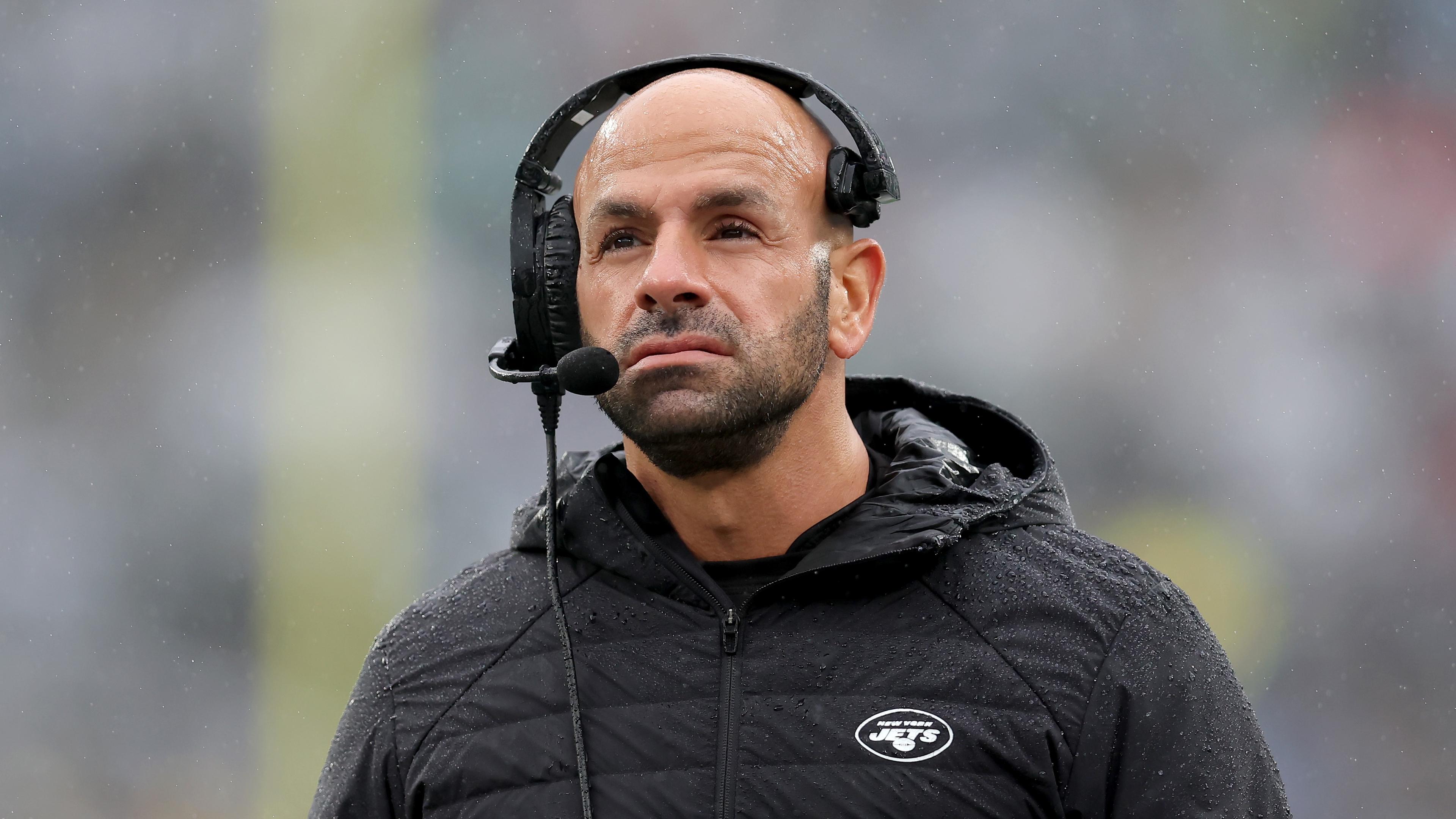 Dec 3, 2023; East Rutherford, New Jersey, USA; New York Jets head coach Robert Saleh coaches against the Atlanta Falcons during the first quarter at MetLife Stadium. Mandatory Credit: Brad Penner-USA TODAY Sports / © Brad Penner-USA TODAY Sports