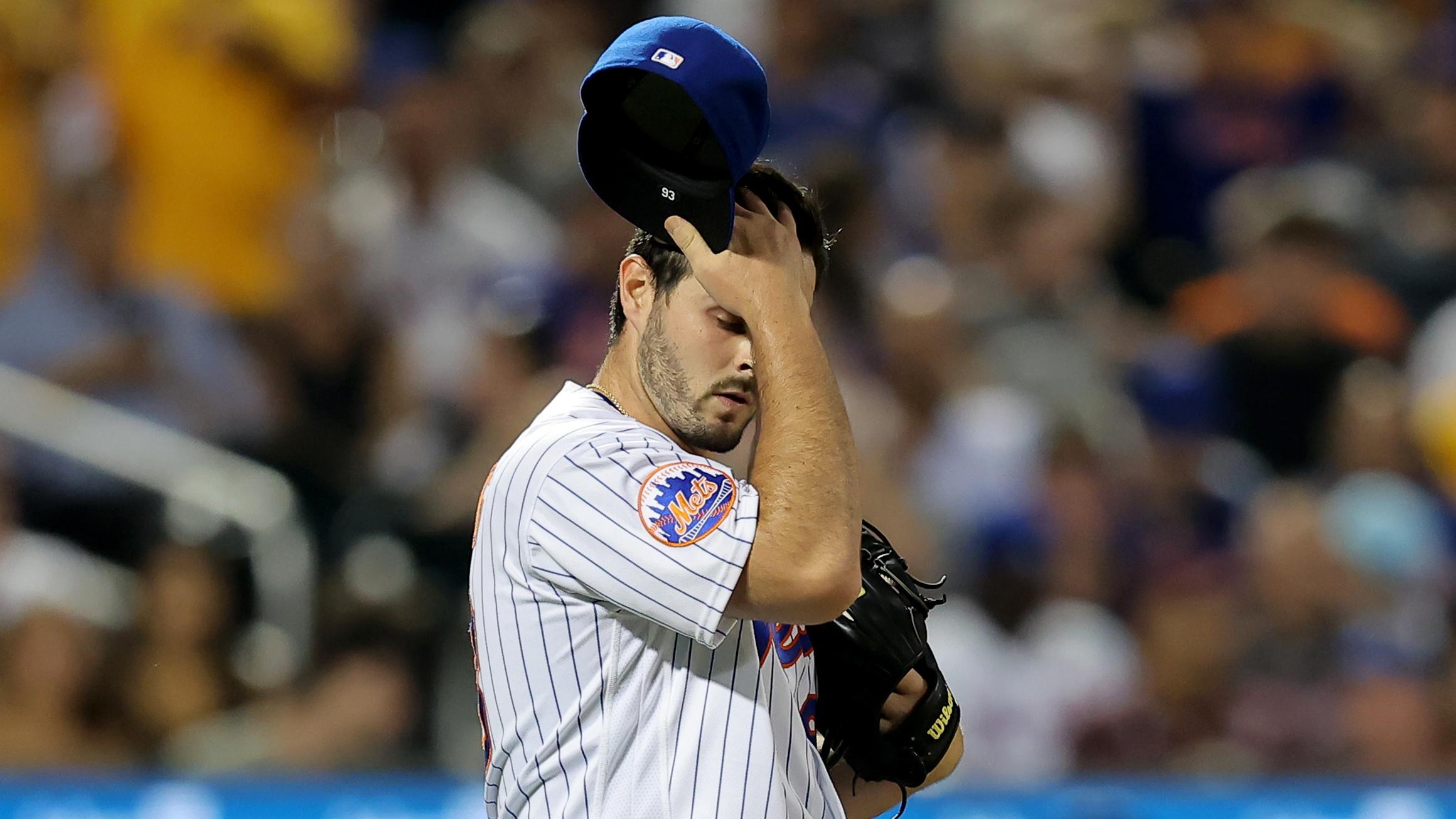 New York Mets relief pitcher Grant Hartwig (93) reacts during the seventh inning against the Pittsburgh Pirates at Citi Field / Brad Penner - USA TODAY Sports