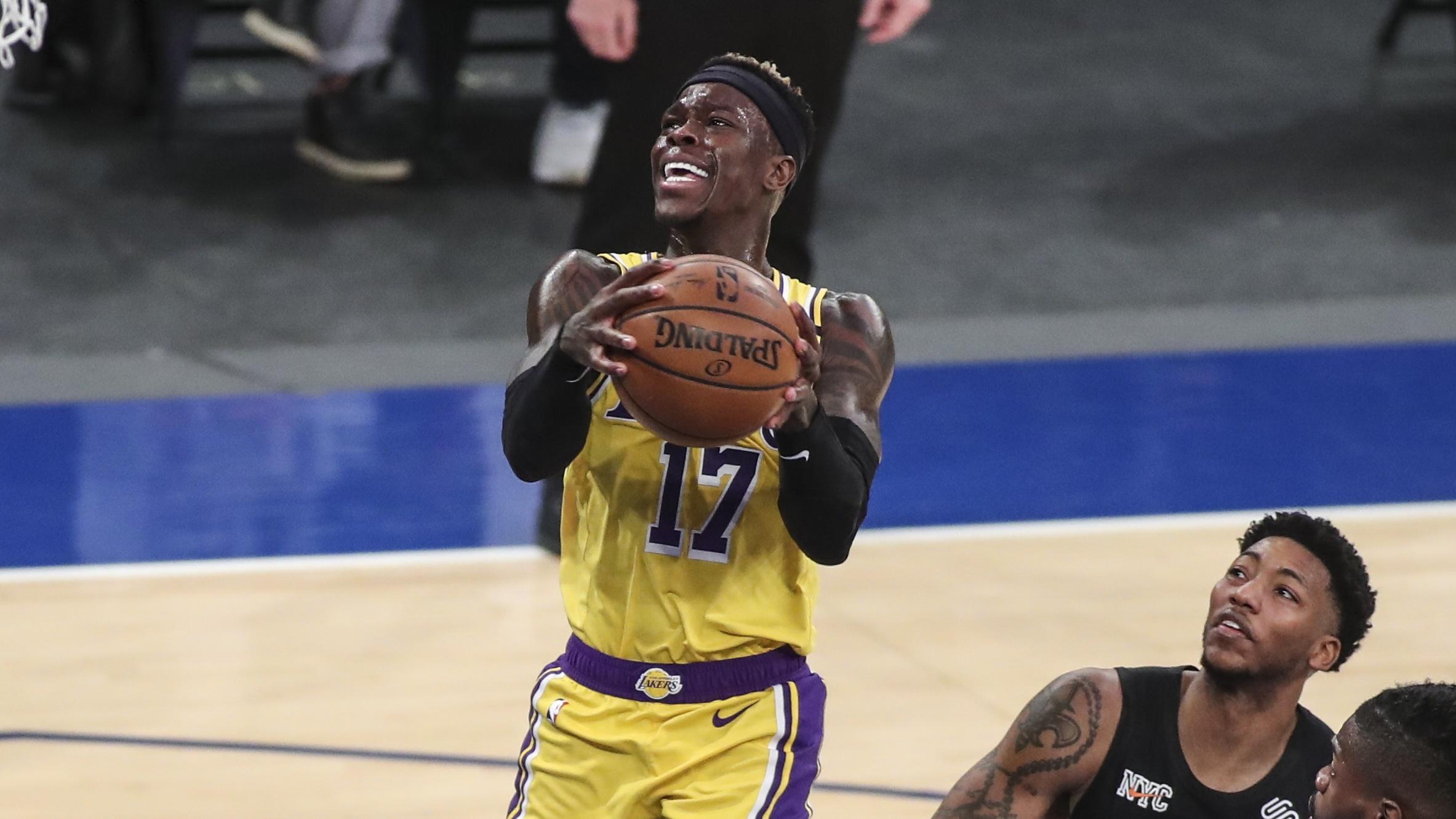 Apr 12, 2021; New York, New York, USA; Los Angeles Lakers guard Dennis Schroder (17) to the basket against the New York Knicks in the second quarter at Madison Square Garden. / © Wendell Cruz-USA TODAY Sports