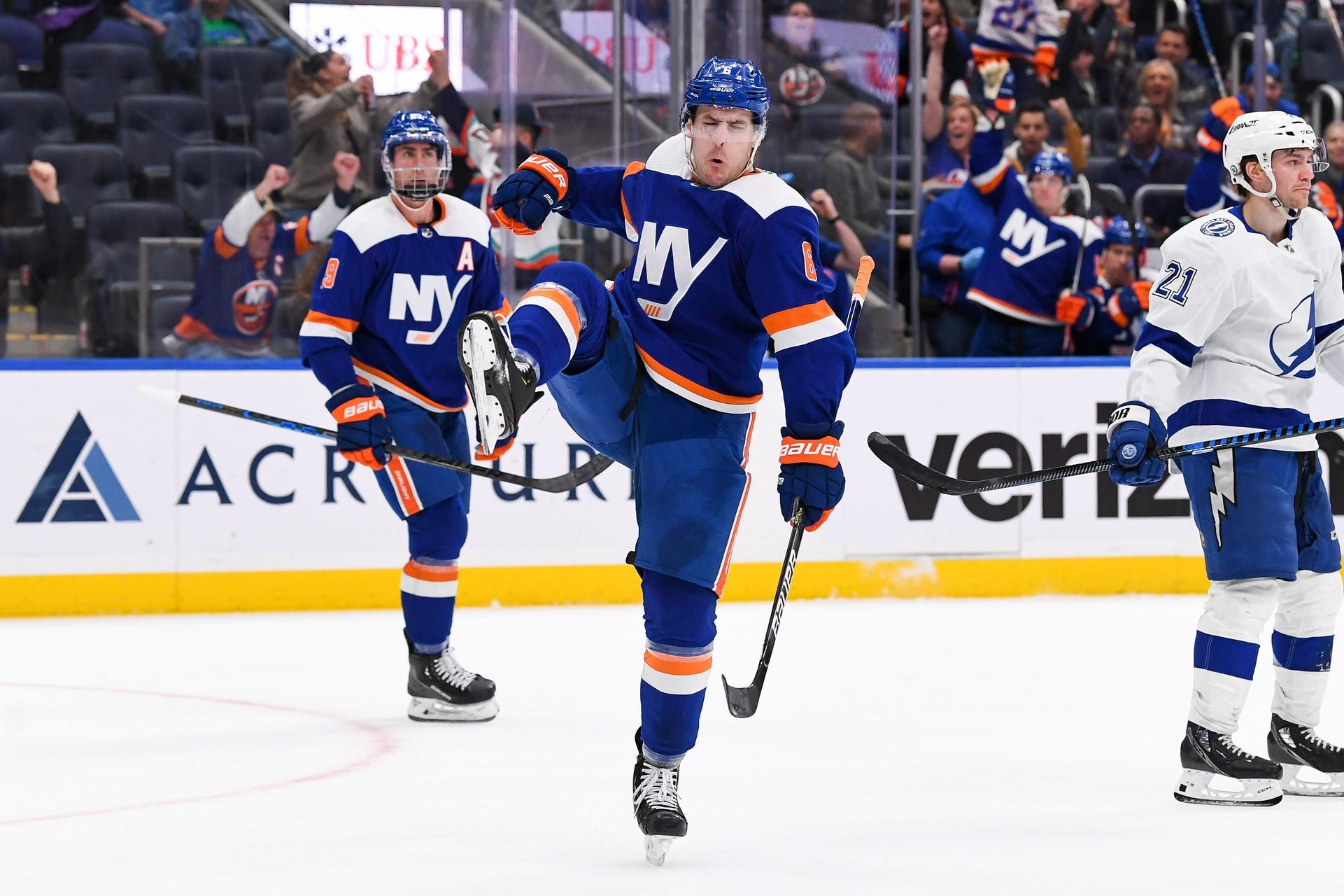 New York Islanders defenseman Ryan Pulock (6) celebrates his goal against the Tampa Bay Lightning during the second period at UBS Arena. / Dennis Schneidler-USA TODAY Sports