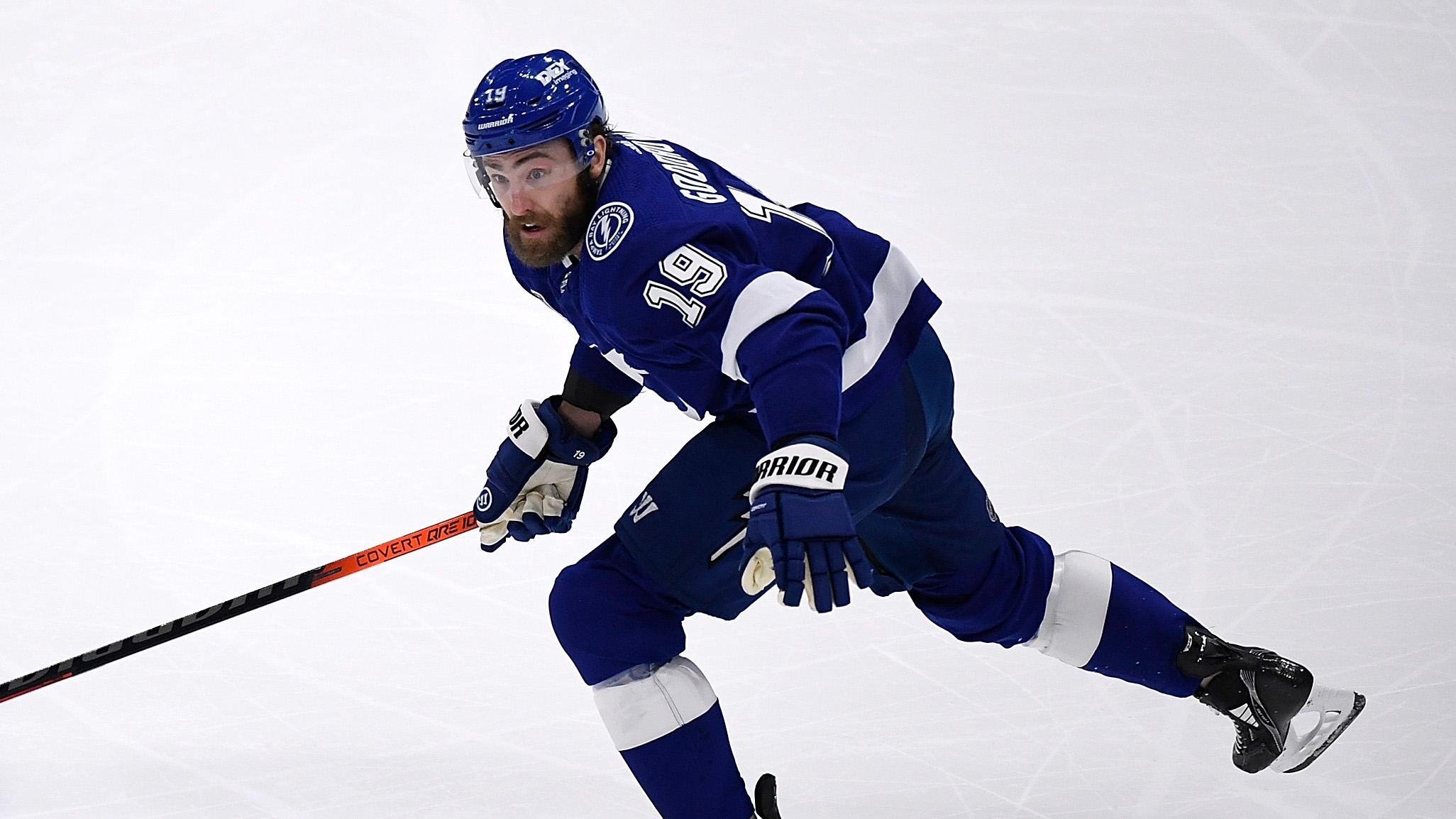 Tampa Bay Lightning right wing Barclay Goodrow (19) controls the puck against the Montreal Canadiens during the second period in game five of the 2021 Stanley Cup Final at Amalie Arena. / Douglas DeFelice-USA TODAY Sports