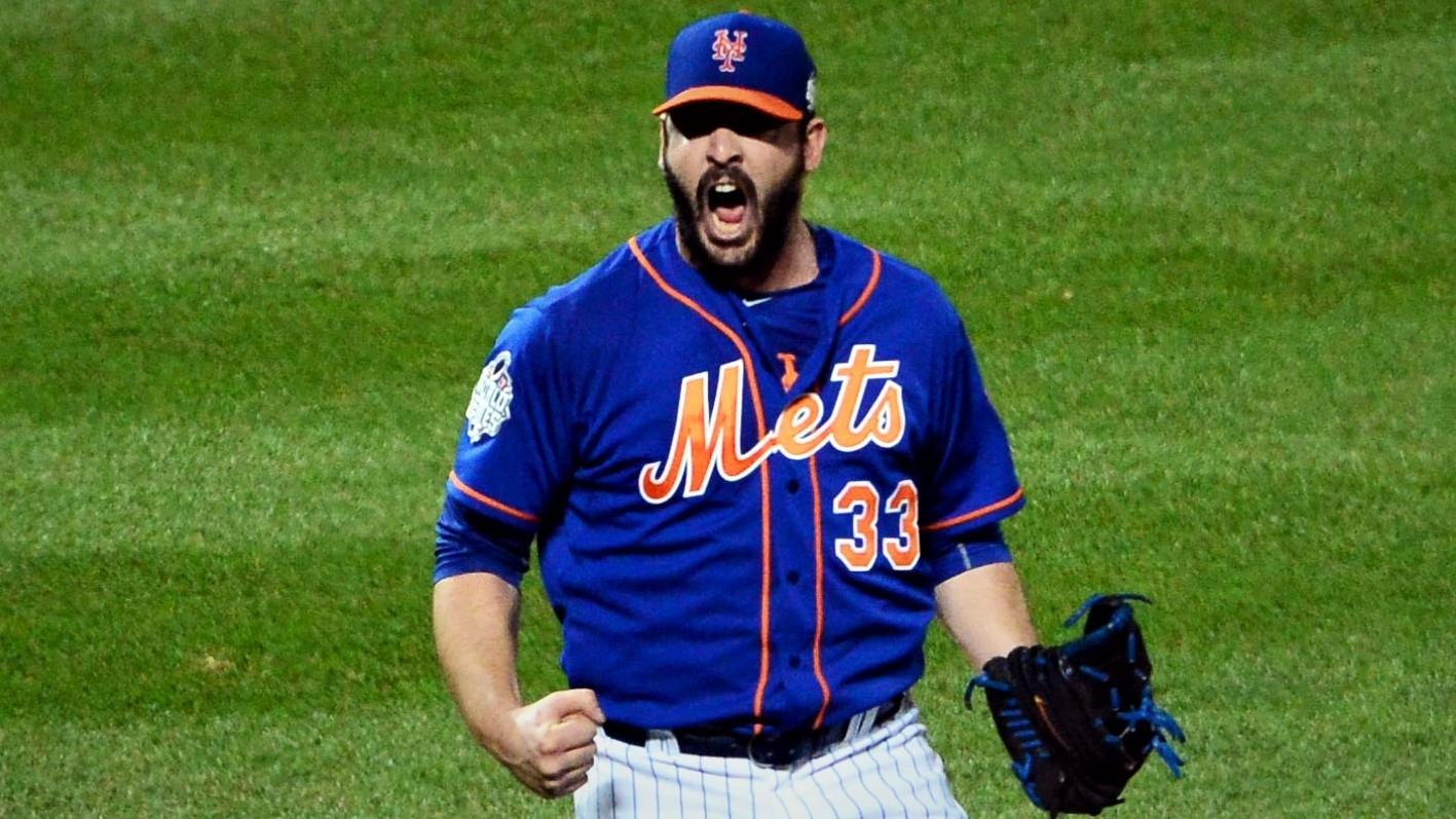 Nov 1, 2015; New York City, NY, USA; New York Mets starting pitcher Matt Harvey reacts after striking out the side in the fourth inning in game five of the World Series against the Kansas City Royals at Citi Field. / Jeff Curry-USA TODAY Sports