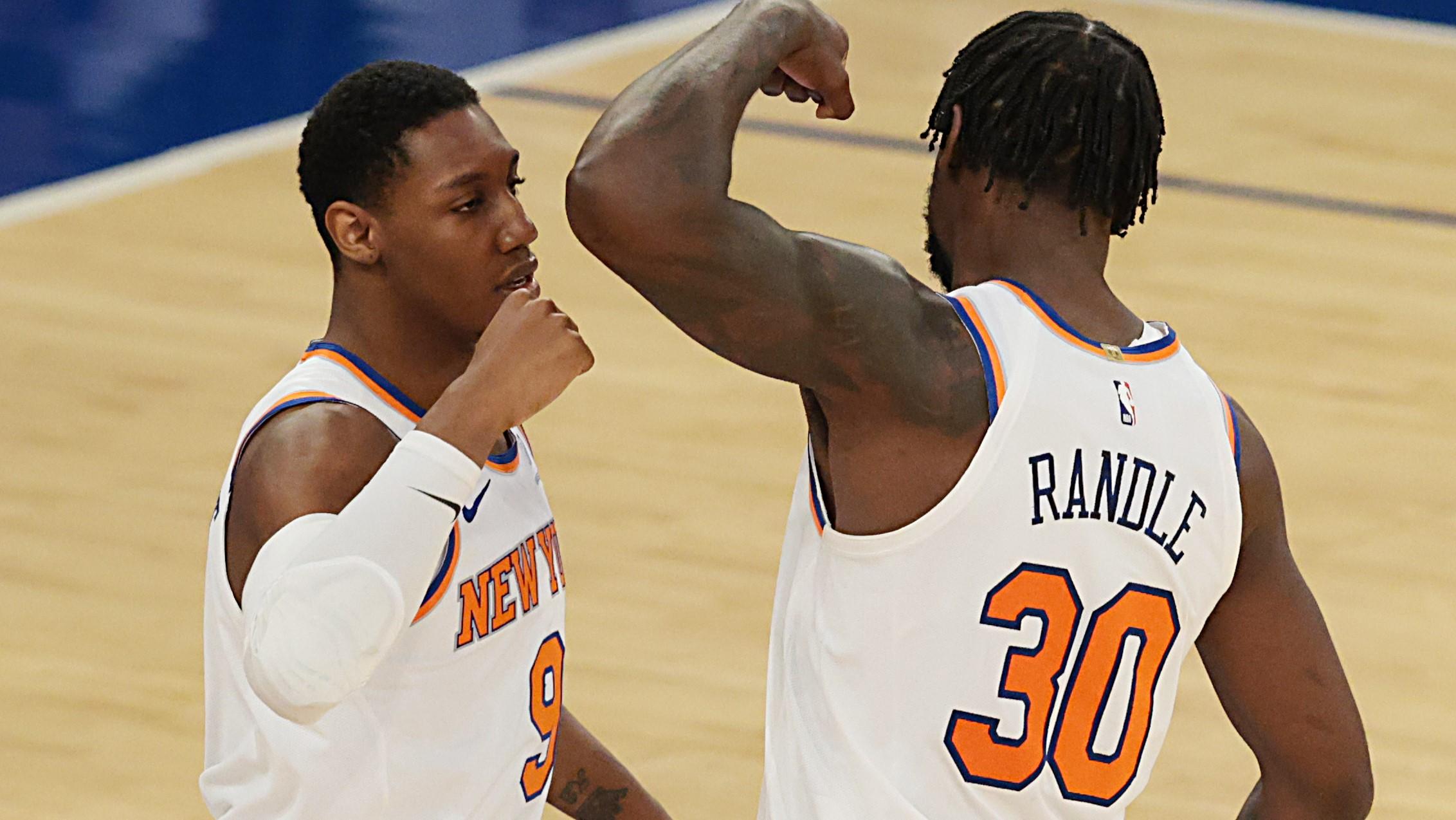 May 16, 2021; New York, New York, USA; New York Knicks forward Julius Randle (30) celebrates with guard RJ Barrett (9) during the first half against the Boston Celtics at Madison Square Garden. Mandatory Credit: Vincent Carchietta-USA TODAY Sports / Vincent Carchietta-USA TODAY Sports