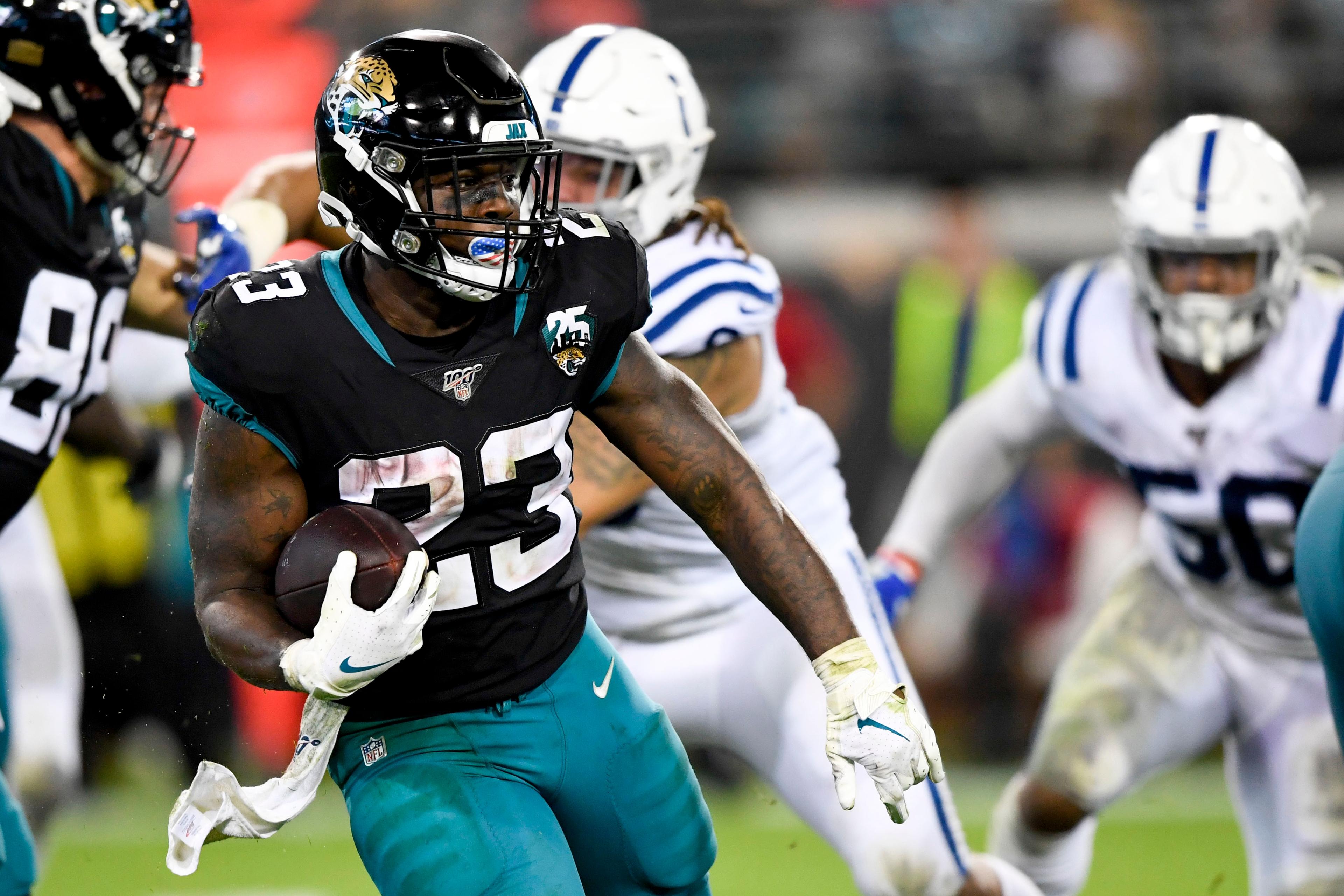 Dec 29, 2019; Jacksonville, Florida, USA; Jacksonville Jaguars running back Ryquell Armstead (23) runs with the ball during the fourth quarter against the Indianapolis Colts at TIAA Bank Field. Mandatory Credit: Douglas DeFelice-USA TODAY Sports / Douglas DeFelice-USA TODAY Sports