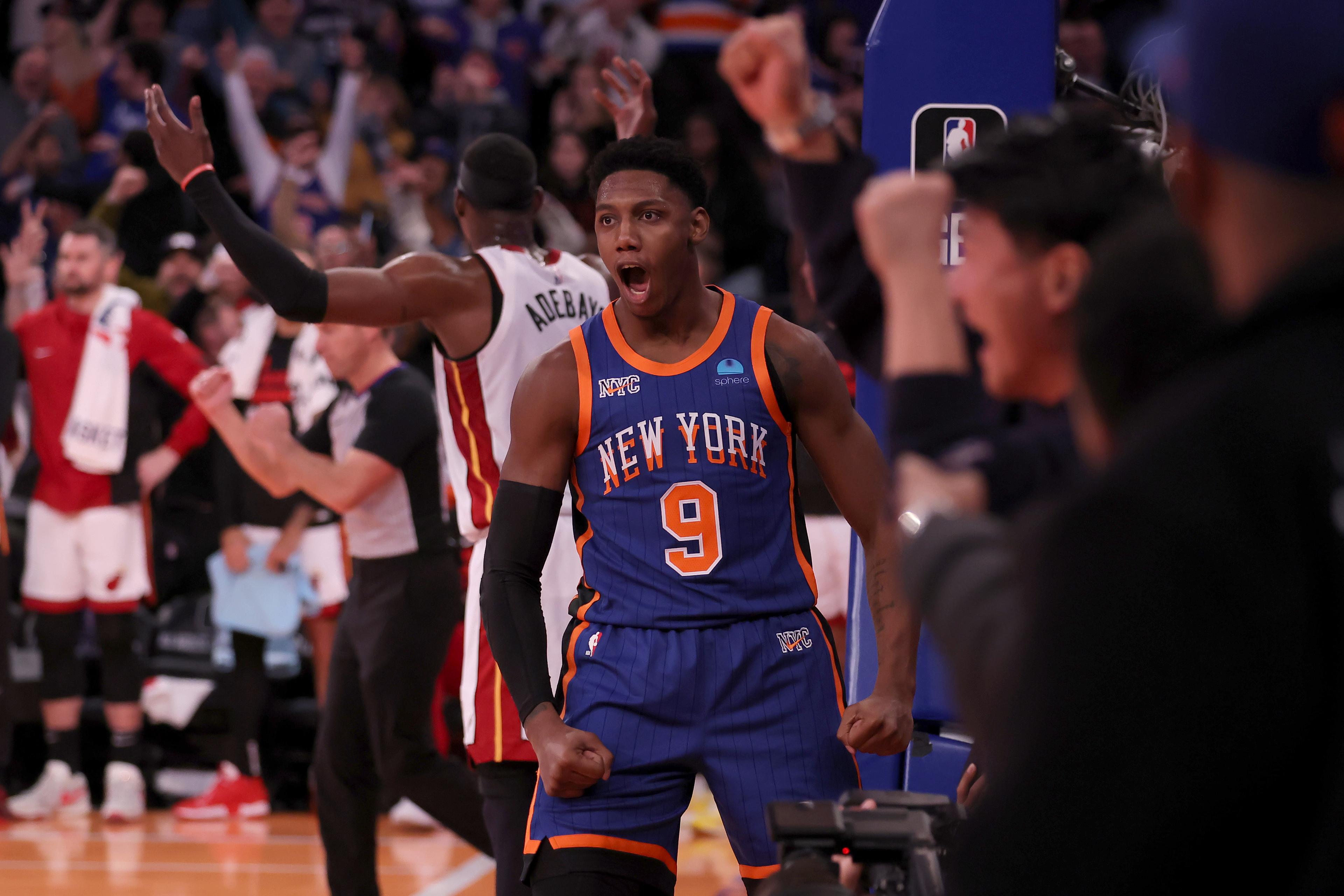 New York Knicks guard RJ Barrett (9) reacts during the fourth quarter against the Miami Heat at Madison Square Garden. / Brad Penner-USA TODAY Sports