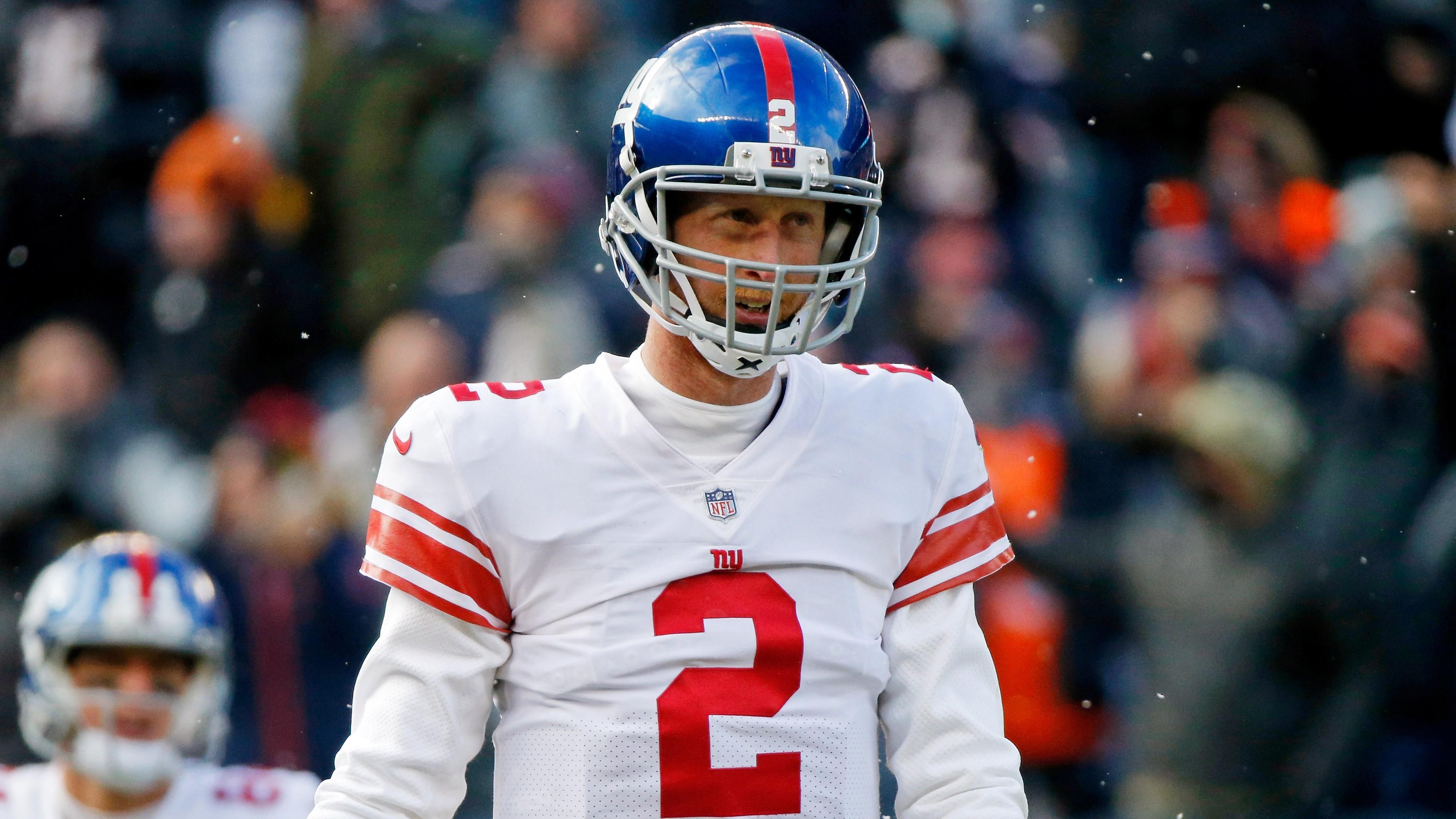 New York Giants quarterback Mike Glennon (2) reacts after turning over the ball against the Chicago Bears on a fumble during the first half at Soldier Field. / Jon Durr- USA TODAY Sports