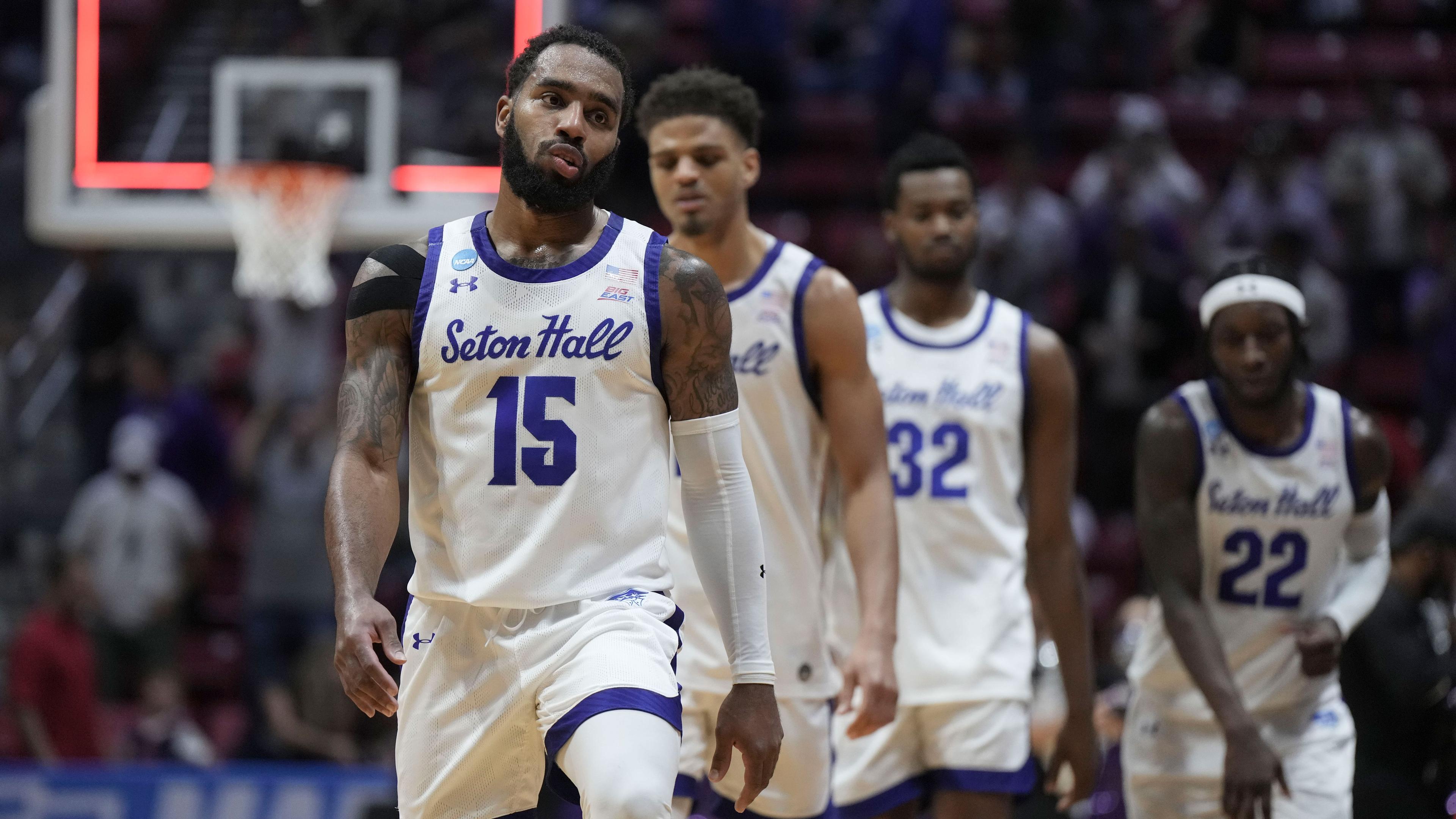 Mar 18, 2022; San Diego, CA, USA; Seton Hall Pirates guard Jamir Harris (15) reacts after the game against the TCU Horned Frogs during the first round of the 2022 NCAA Tournament at Viejas Arena. / Kirby Lee-USA TODAY Sports